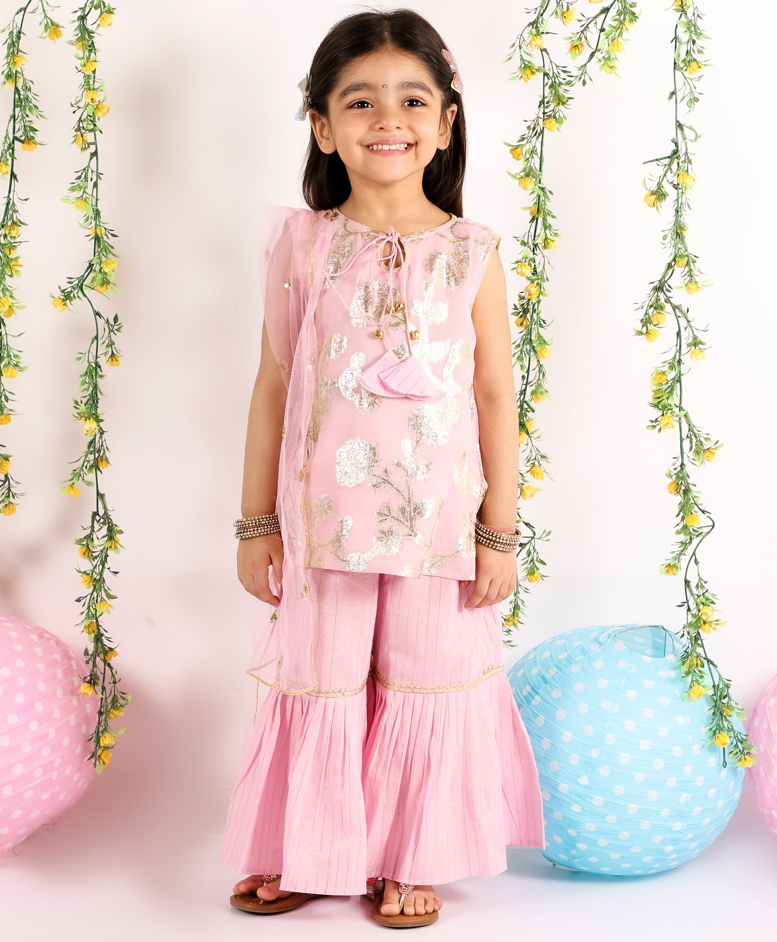 Little Bansi Sleeveless Gold Detailed Foil Print Kurti With Sharara & Dupatta - Pink-picture-27