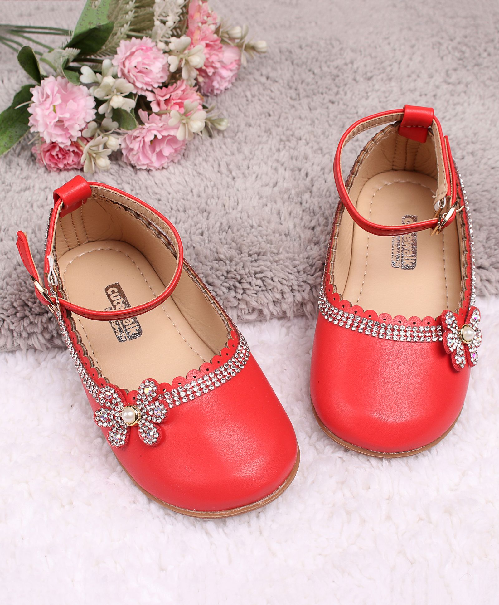 Cute Walk by Babyhug Party Wear Belly Shoes Studded Floral Detailing - Red-image-31