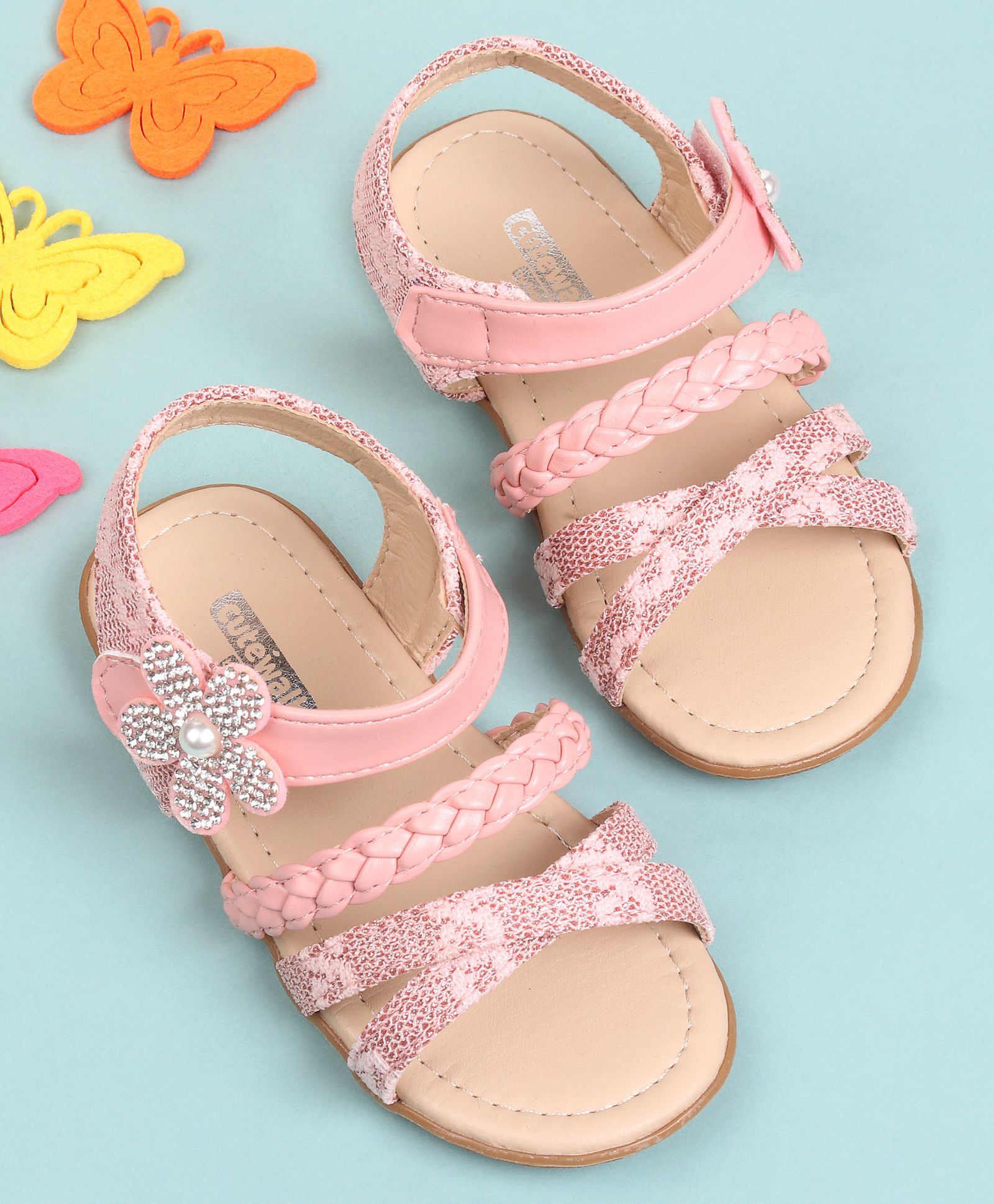 Cute Walk by Babyhug Party Wear Sandals Flowers Applique - Pink-image-46