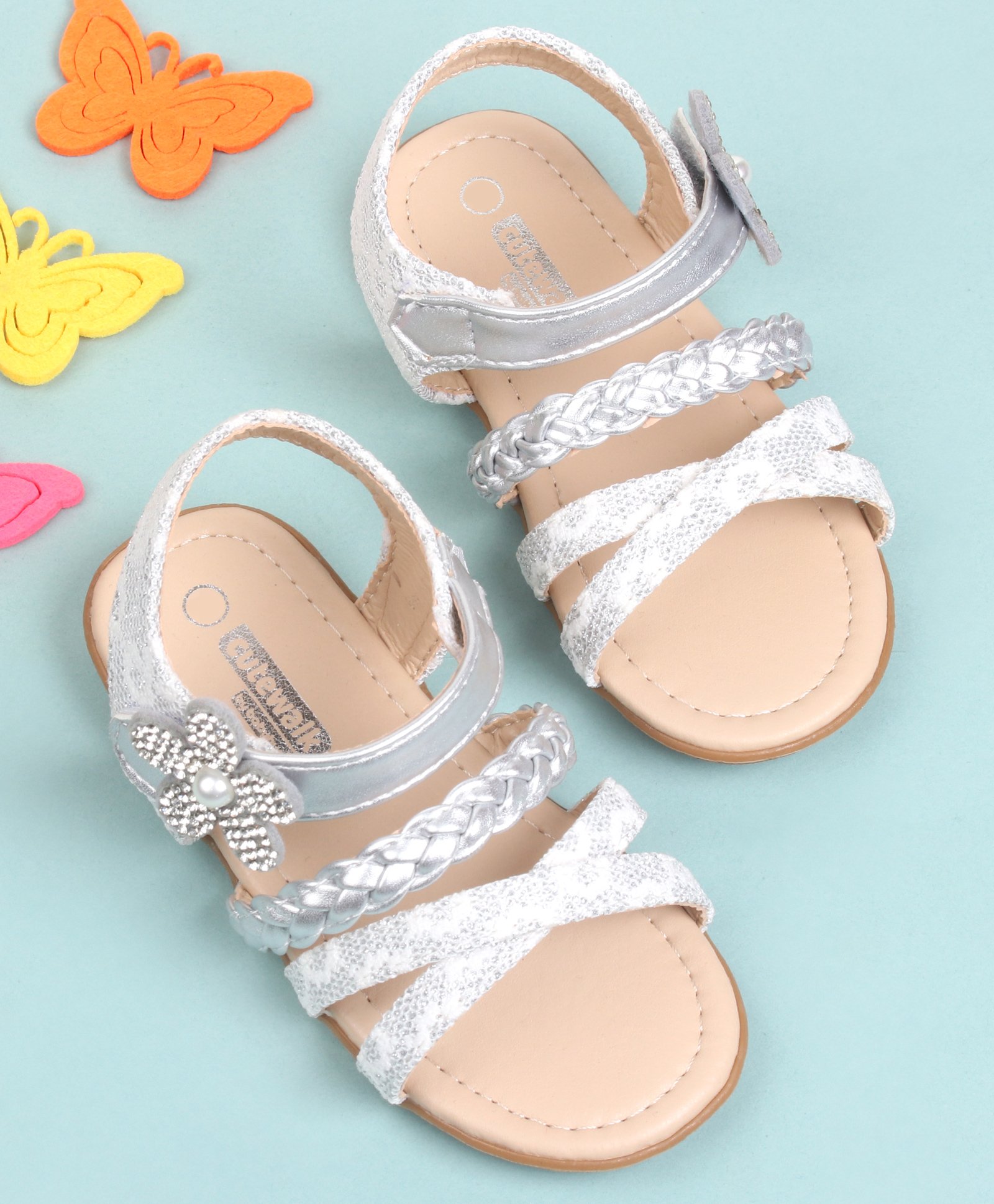 Cute Walk by Babyhug Party Wear Sandals Flowers Applique - Silver-image-27