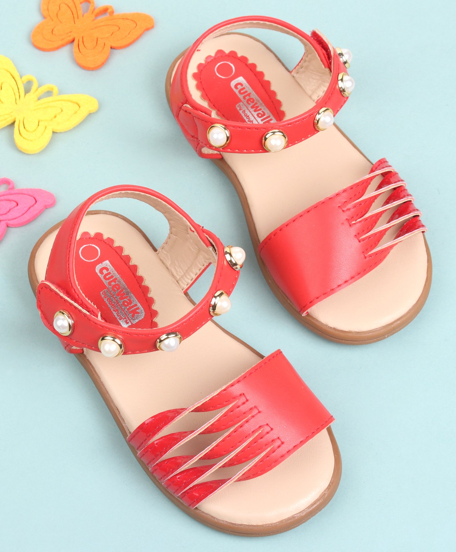 Cute Walk by Babyhug Party Wear Sandals Bead Detailing - Red-image-39