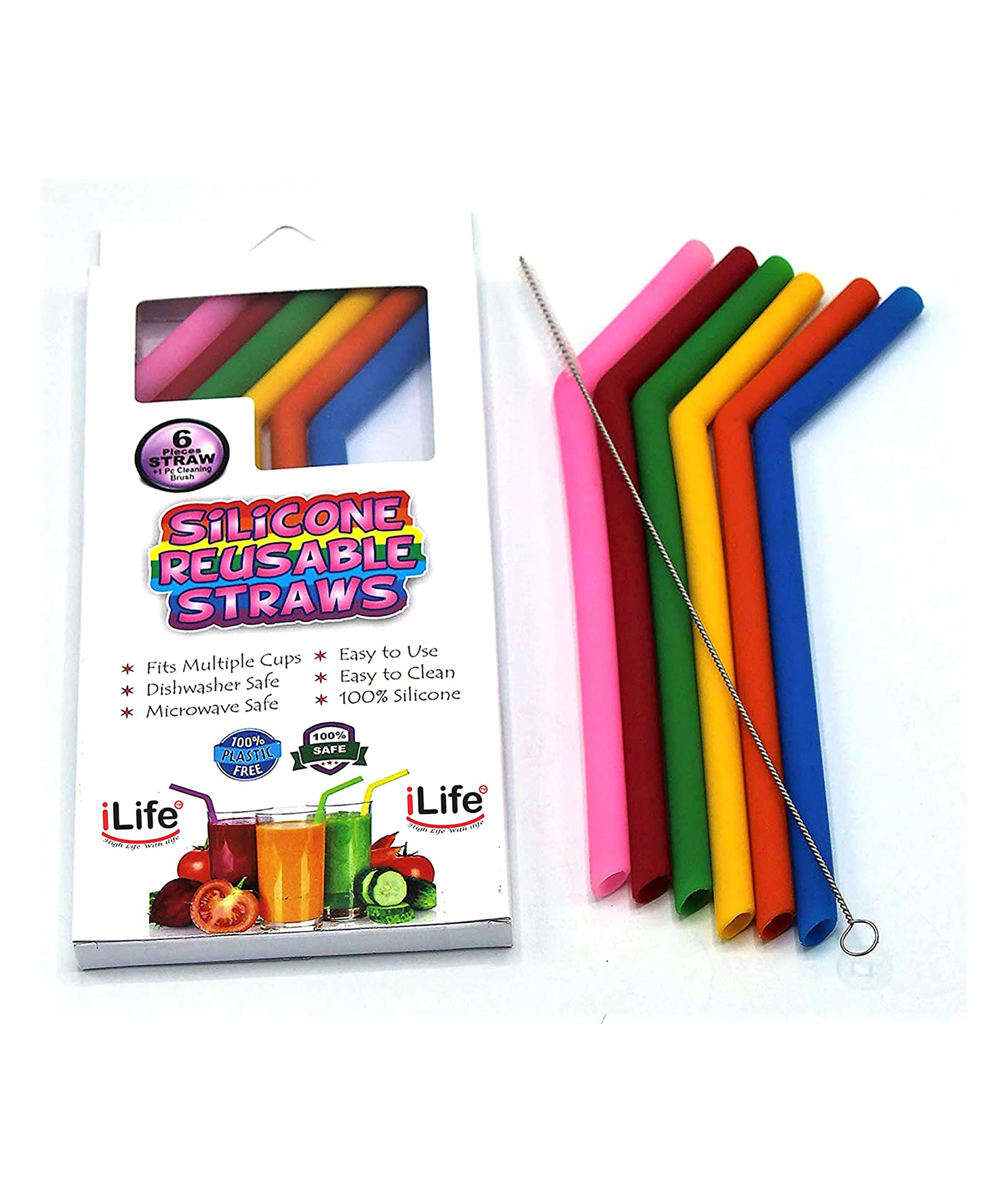 iLife Reusable Big Straws Extra Long Wide Multicolour - Pack of 6