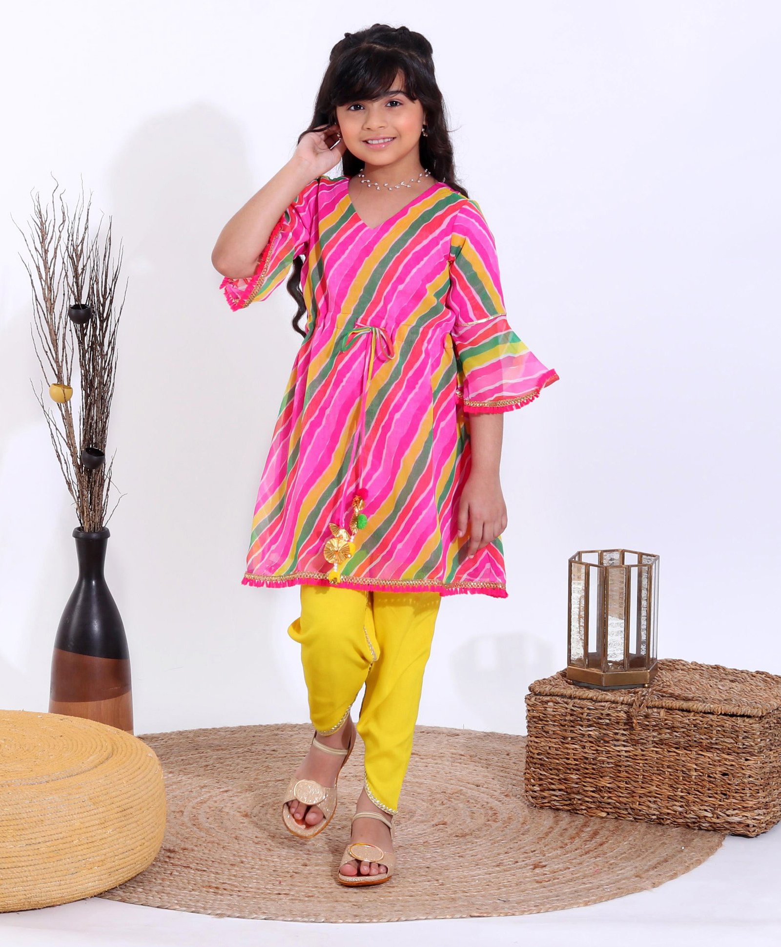 Pspeaches Three Fourth Sleeves Leheriya Printed Kurta & Dhoti Set - Pink-picture-15