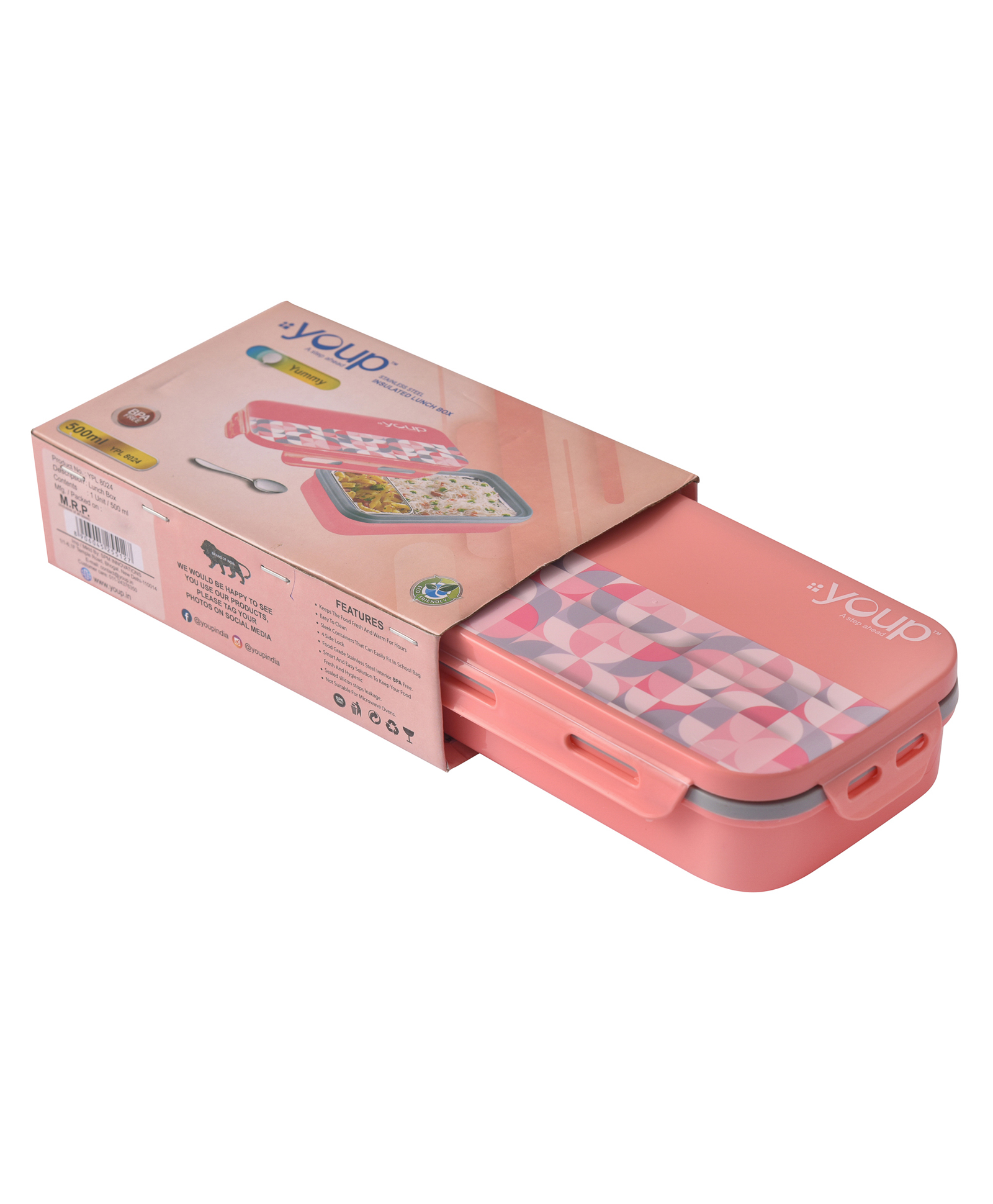 Youp Stainless Steel Lunch Box With Spoon  Pink - 500 ml-picture-4