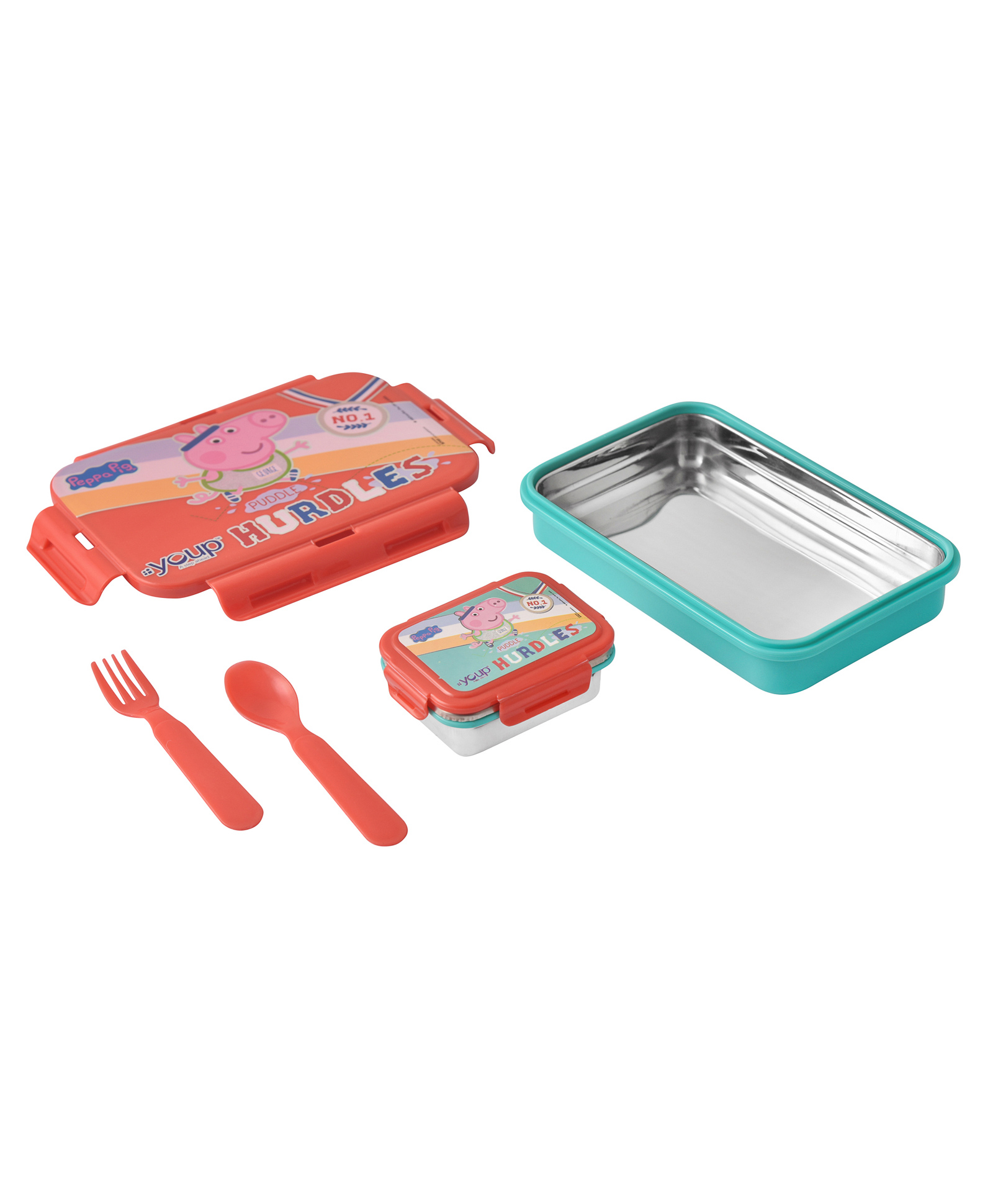 Youp Stainless Steel Lunch Box With Spoon & Fork Peppa Pig Print Red Green - 450 ml-picture-48