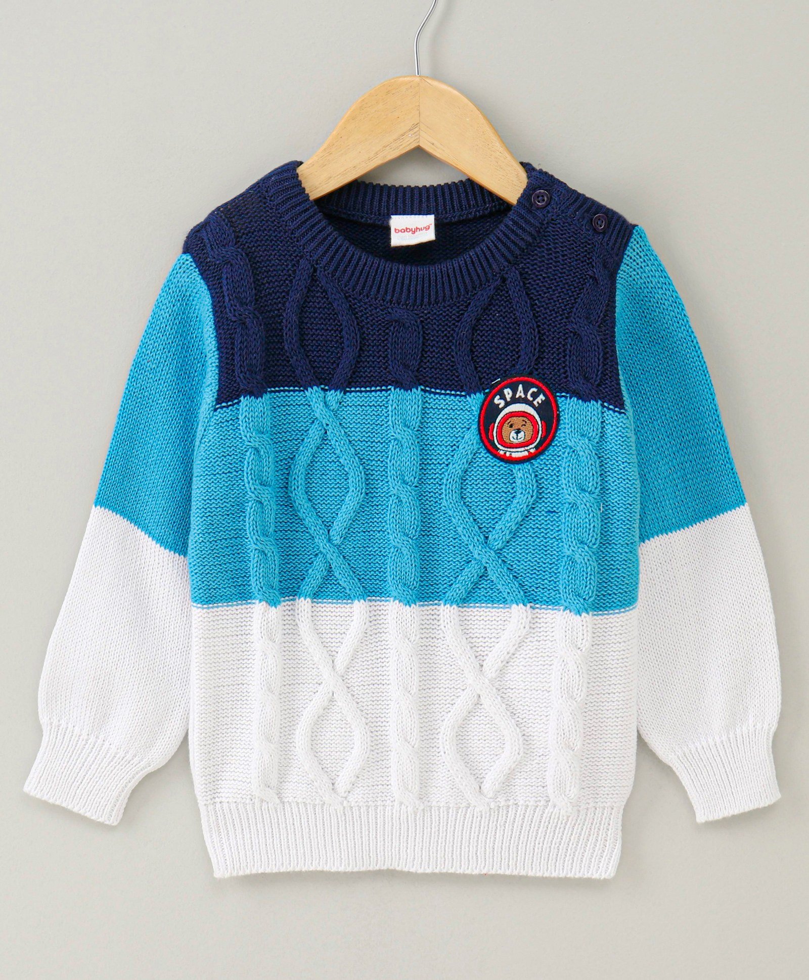 Babyhug Full Sleeves Sweater Bear Embroidery - Blue White-image-40