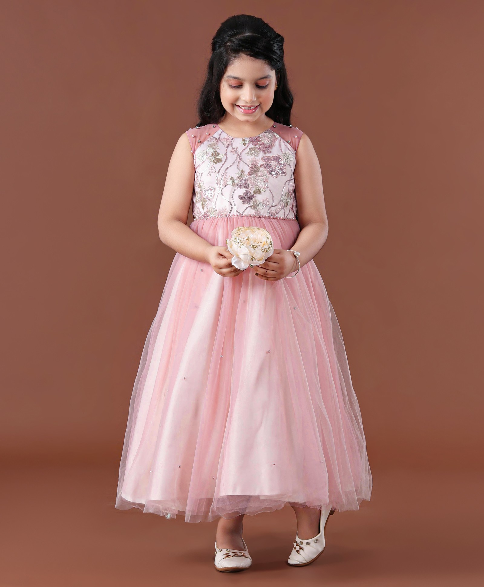 Mark & Mia Party Wear Sleeveless Mid Calf Length Frock Bead Detailing - Pink-image-2