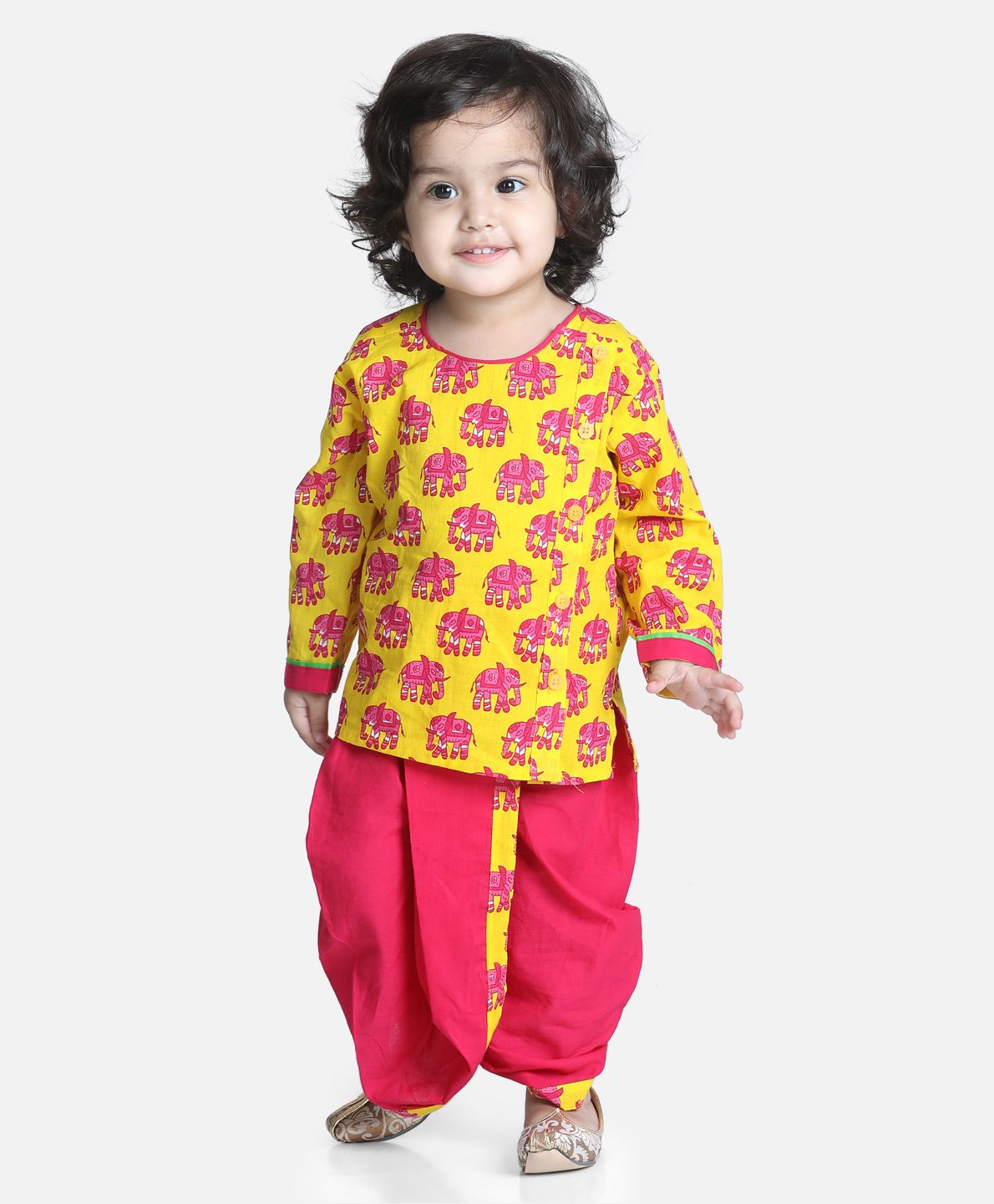 Bownbee Full Sleeves Elephant Print Kurta With Dhoti - Yellow-image-17