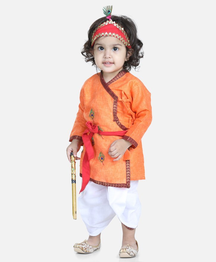 BownBee Janmashtami Theme Full Sleeves Peacock Embroidered Kurta With Dhoti  & Basuri With Mukut & Band - Orange-picture-34