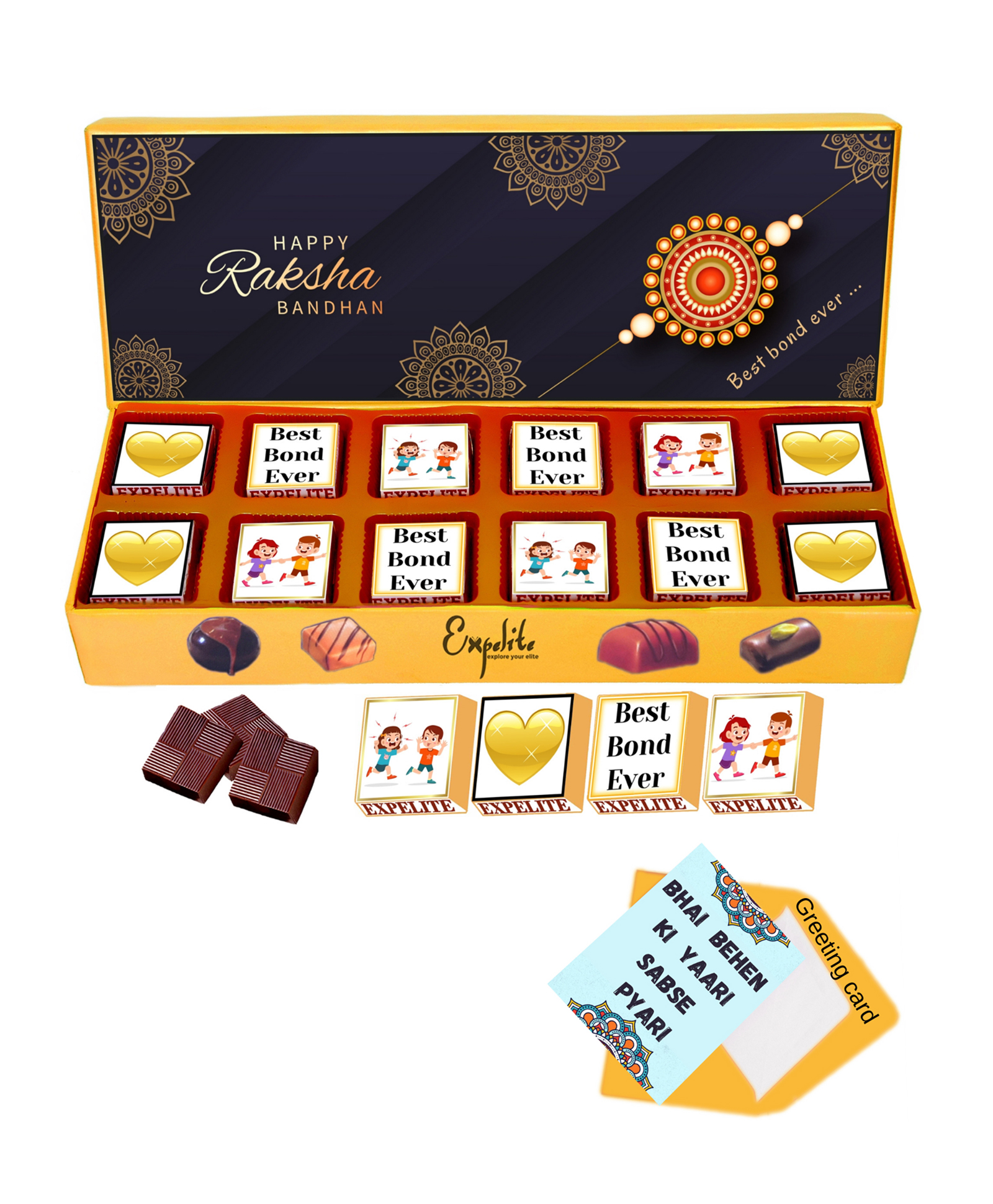 Expelite Rakhi Theme Chocolates & Greeting Card Combo Gift - Multicolor-image-4