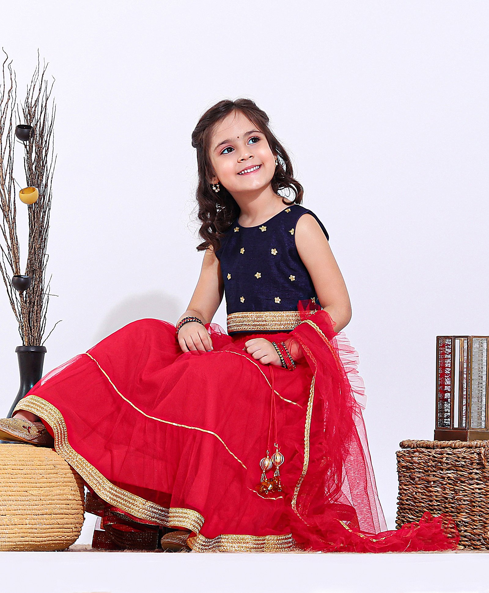 Babyhug Sleeveless Choli Lehenga with Tassels & Ruffled Dupatta Set with Golden Border - Blue Red-image-1