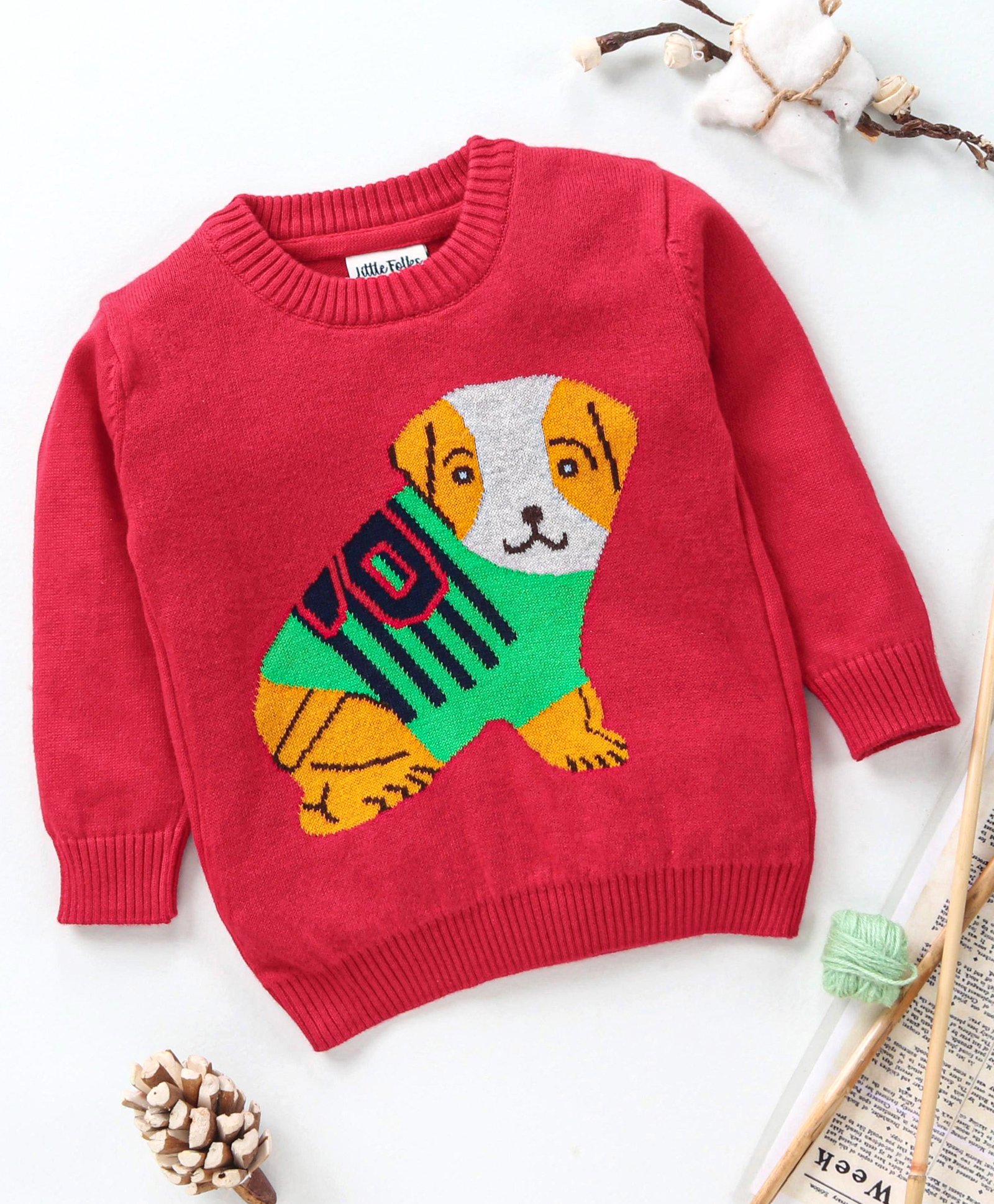 Little Folks Full Sleeves Sweater Puppy Design - Red-image-23