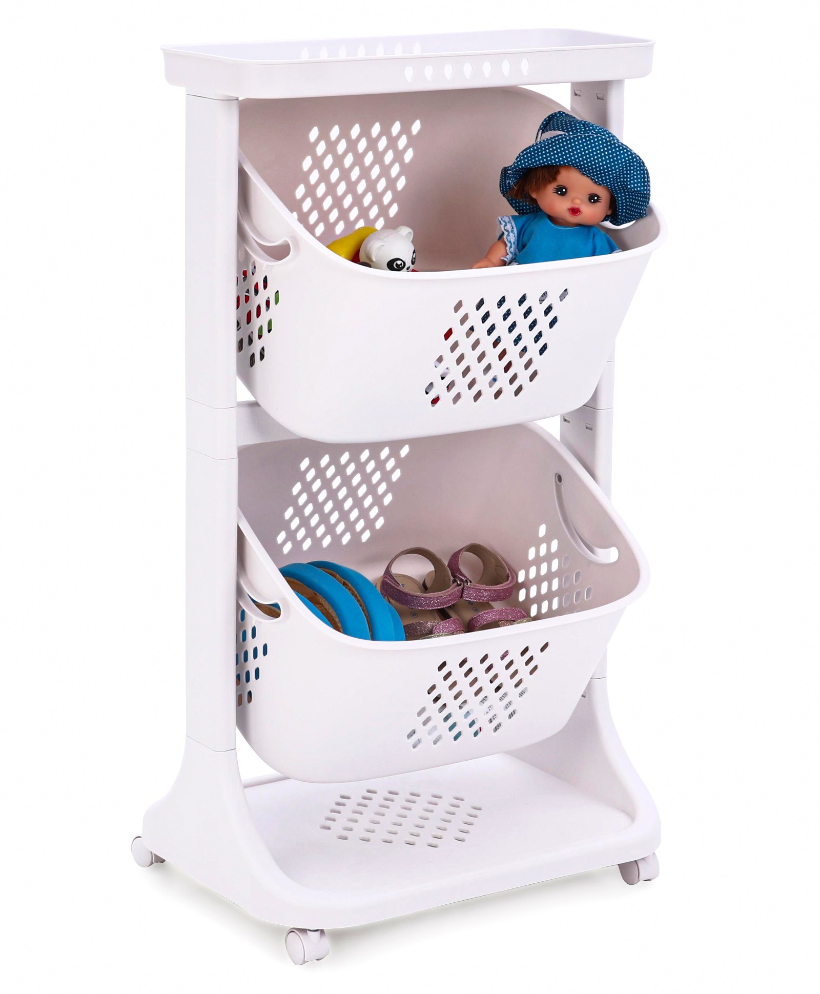 fab n funky Dual Layer Basket Storage Rack With Wheels - Beige-picture-14