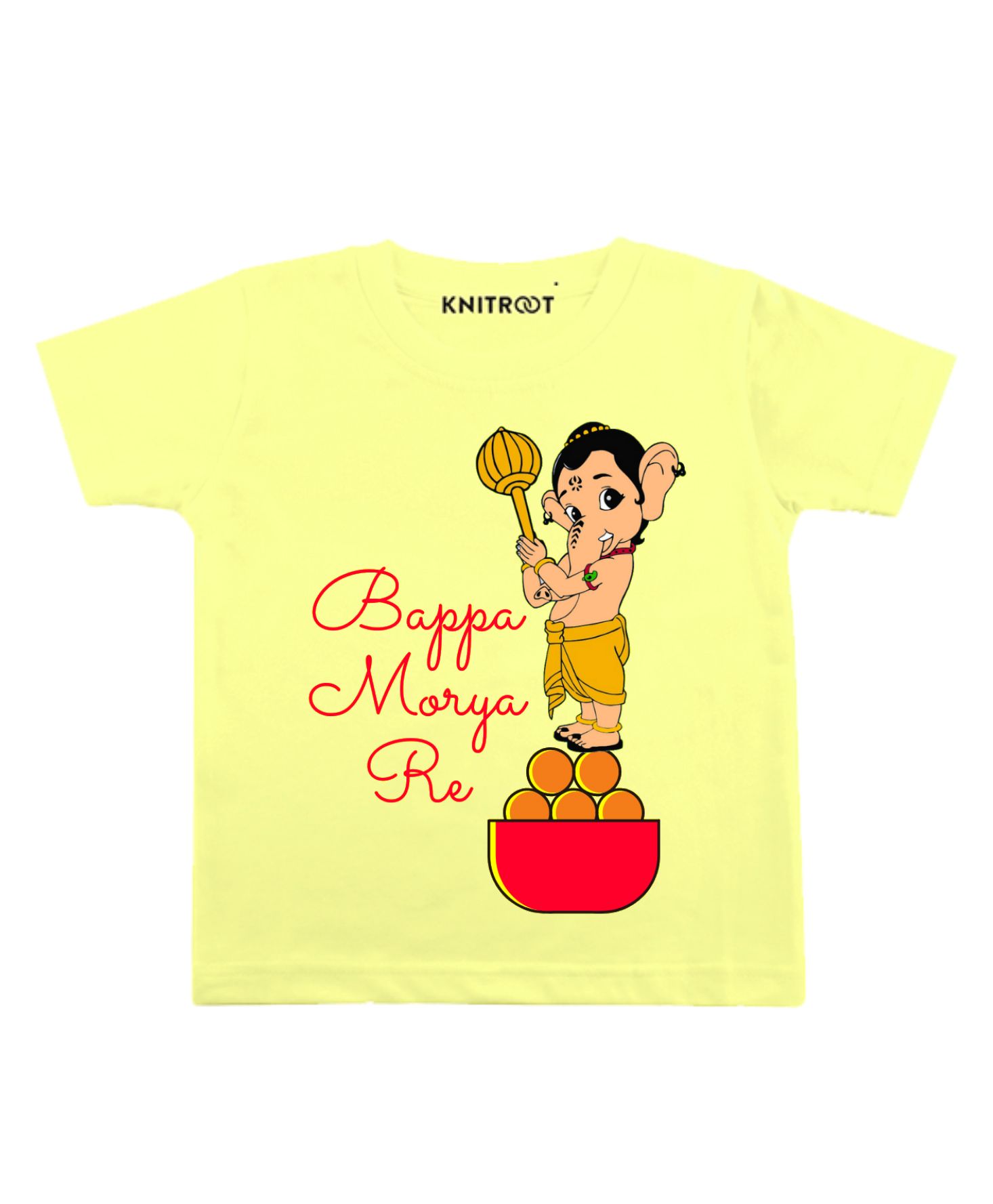 KNITROOT Bappa Morya Re Print Half Sleeves Tee - Yellow-image-7