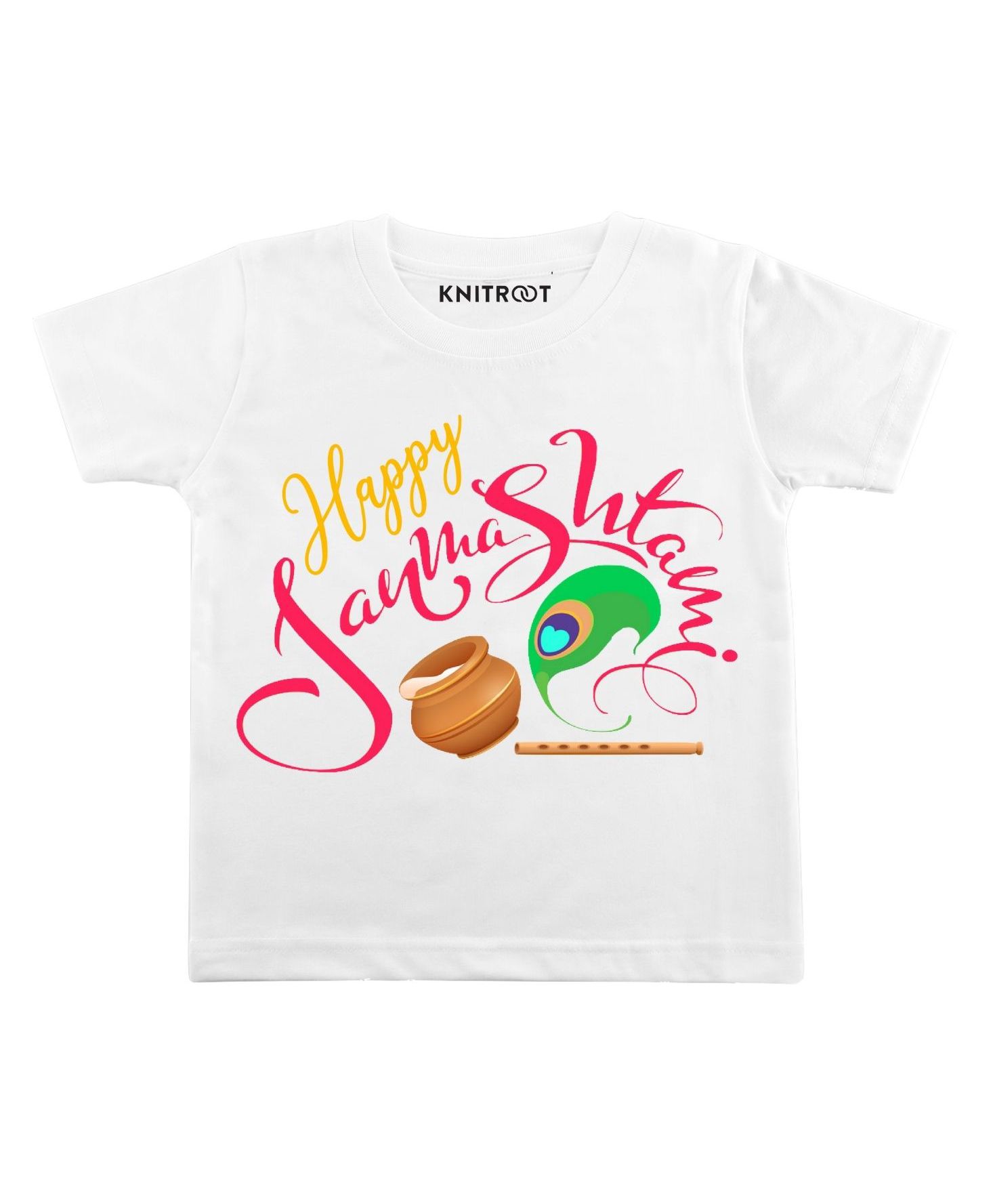KNITROOT Half Sleeves Happy Janmashtami Print Tee - White-image-26