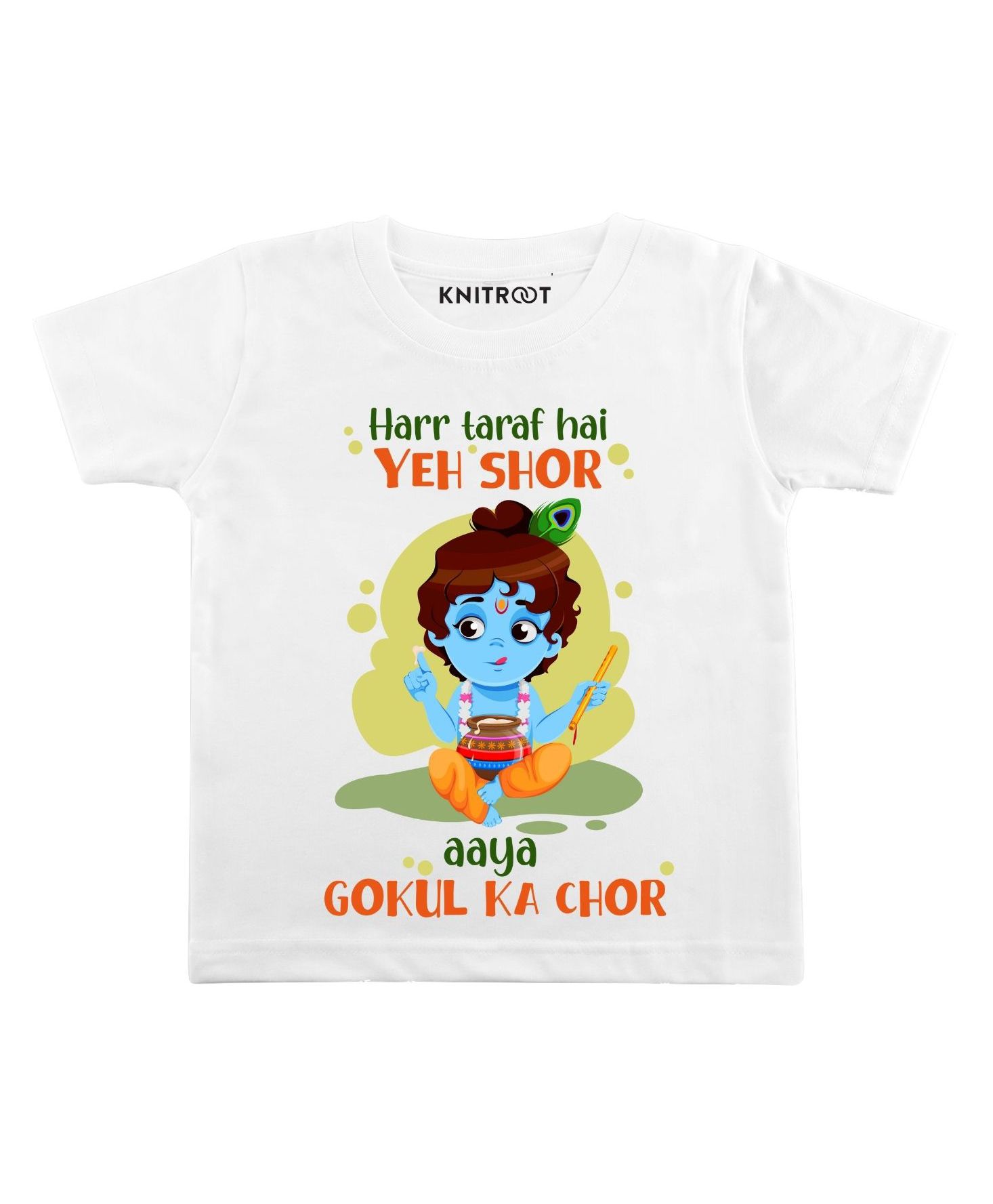KNITROOT Gokul Ka Chor Print Half Sleeves Tee - White-picture-19