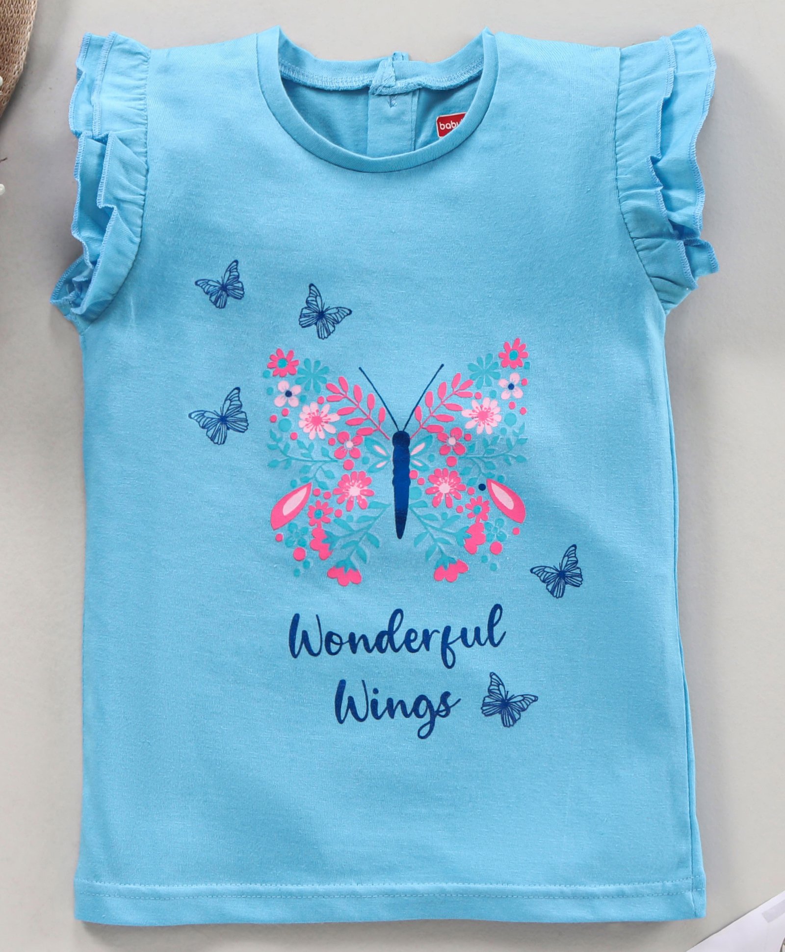Babyhug Ruffle Sleeves Top Butterfly Print - Light Blue-image-9