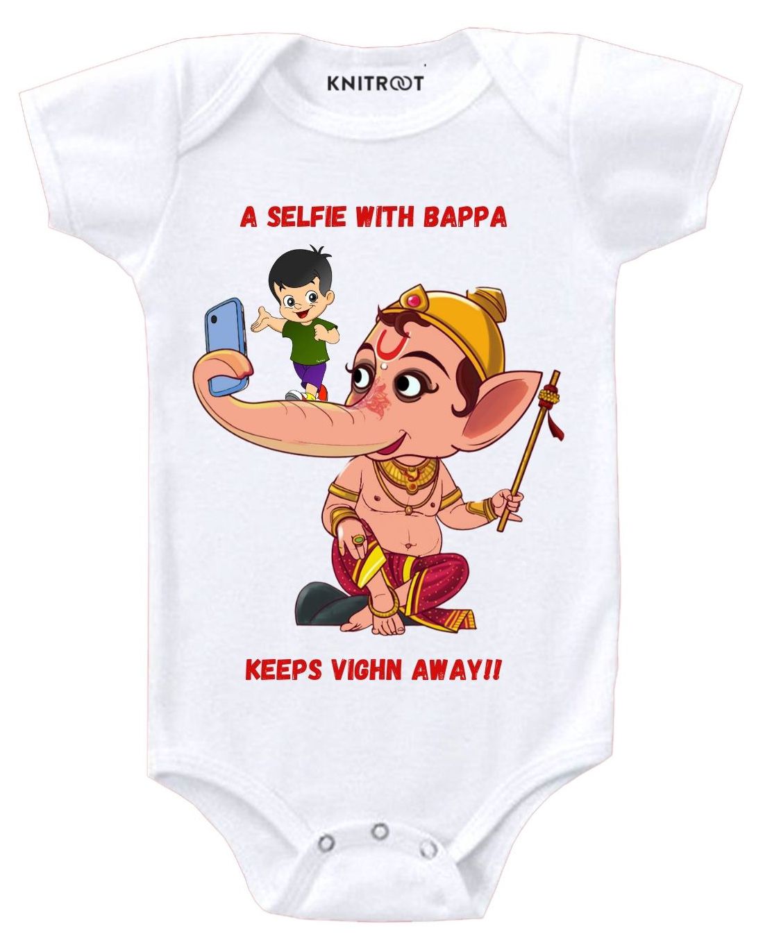 KNITROOT Half Sleeves Selfie With Bappa Printed Onesie - White-image-31