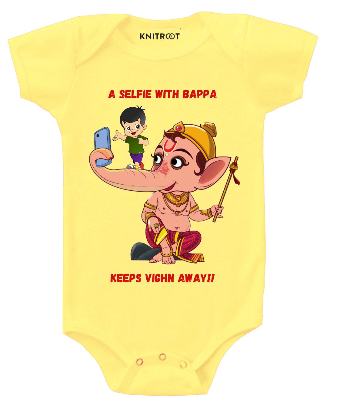 KNITROOT Half Sleeves Selfie With Bappa Printed Onesie - Yellow-image-9