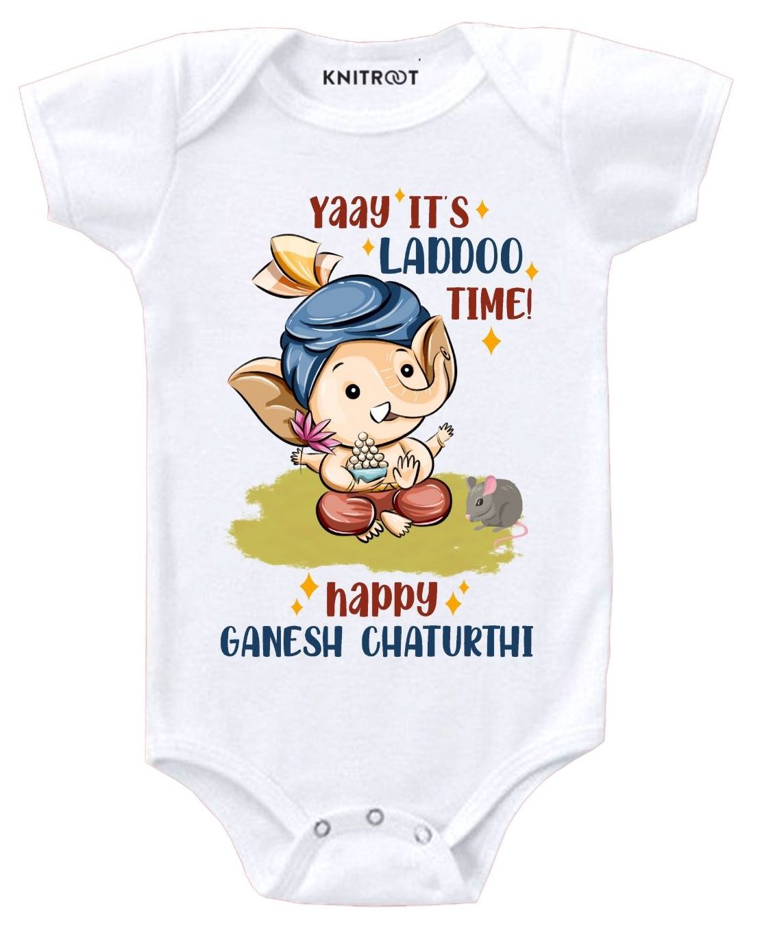 KNITROOT Half Sleeves Its Laddoo Time Printed Onesie - White-image-43