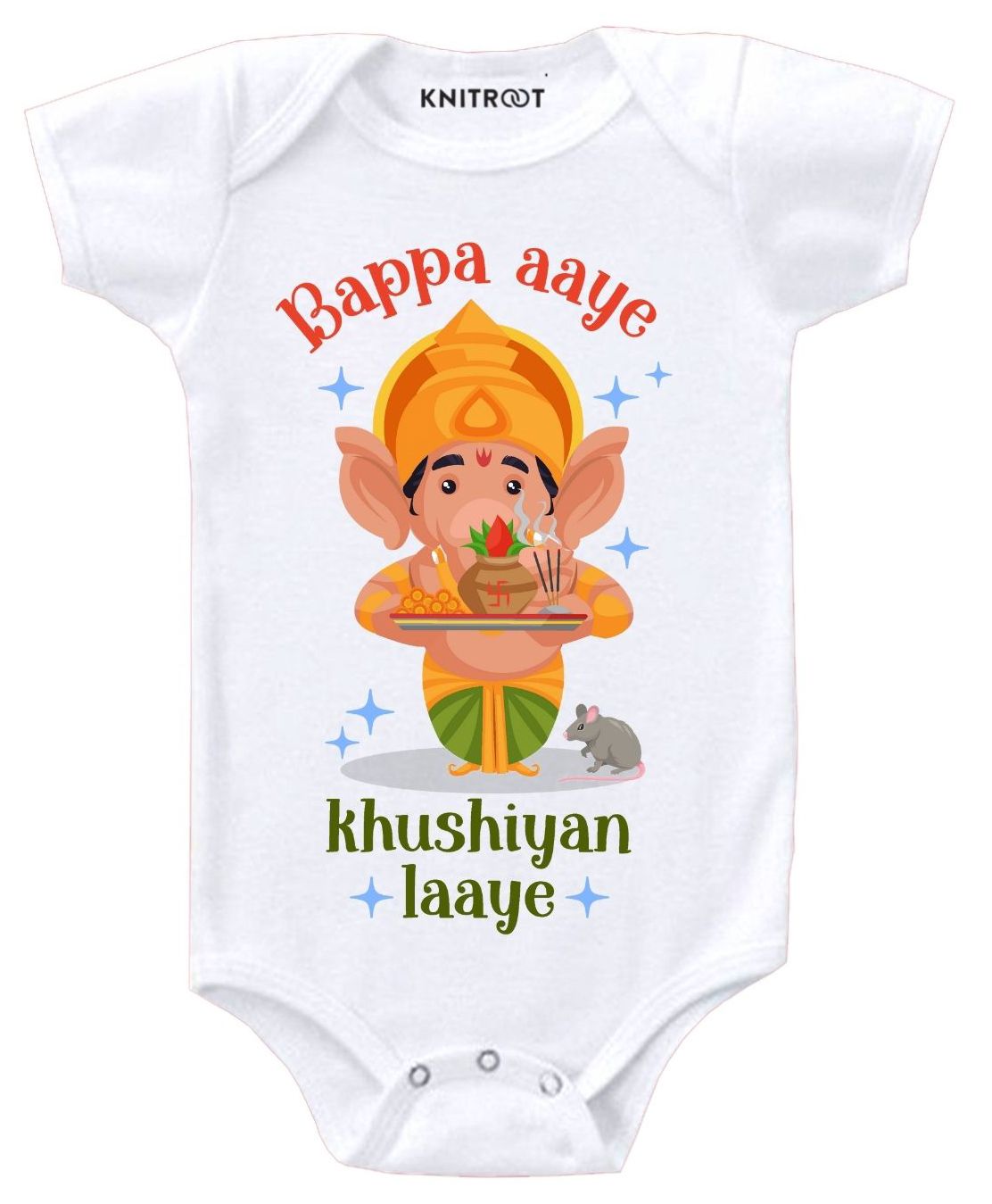 KNITROOT Half Sleeves Bappa Khushiyan Laaye Printed Onesie - White-image-16