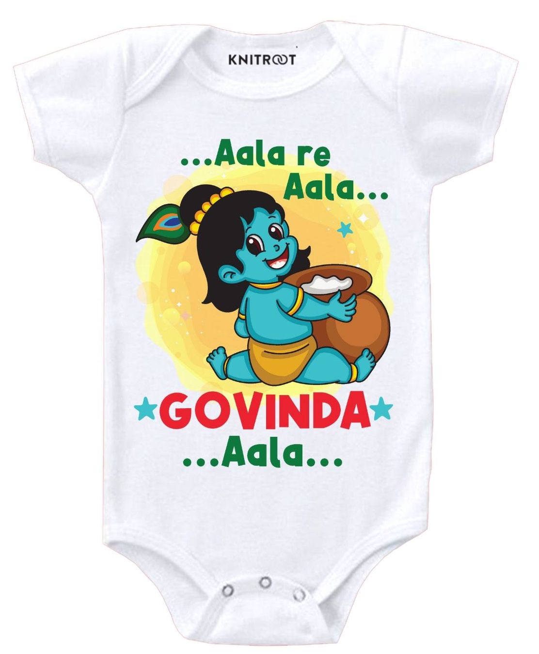 KNITROOT Half Sleeves Govinda Aala Print Onesie - White-image-10