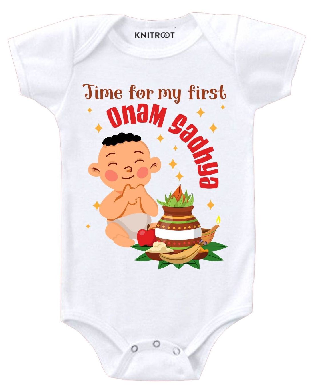 KNITROOT Half Sleeves First Onam Sadhya Print Onesie - White-image-23