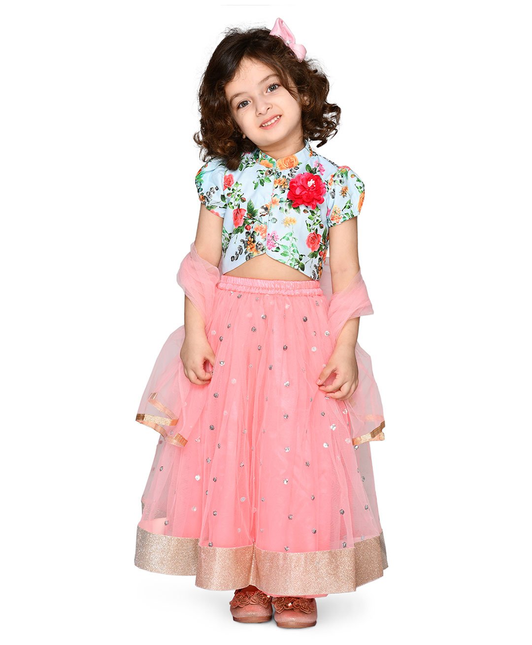 Saka Designs Short Sleeves Choli & Lehenga With Dupatta Flower Applique - Sea Green Pink-image-16