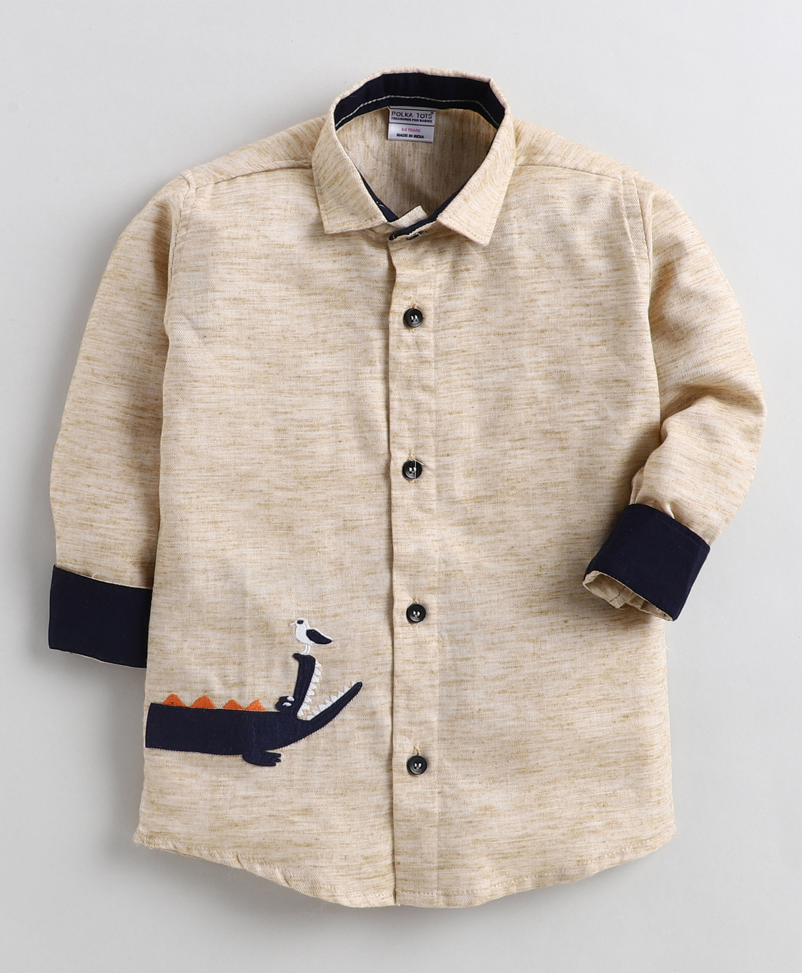 Polka Tots Full Sleeves Crocodile Patch Detailing Shirt - Brown-image-46