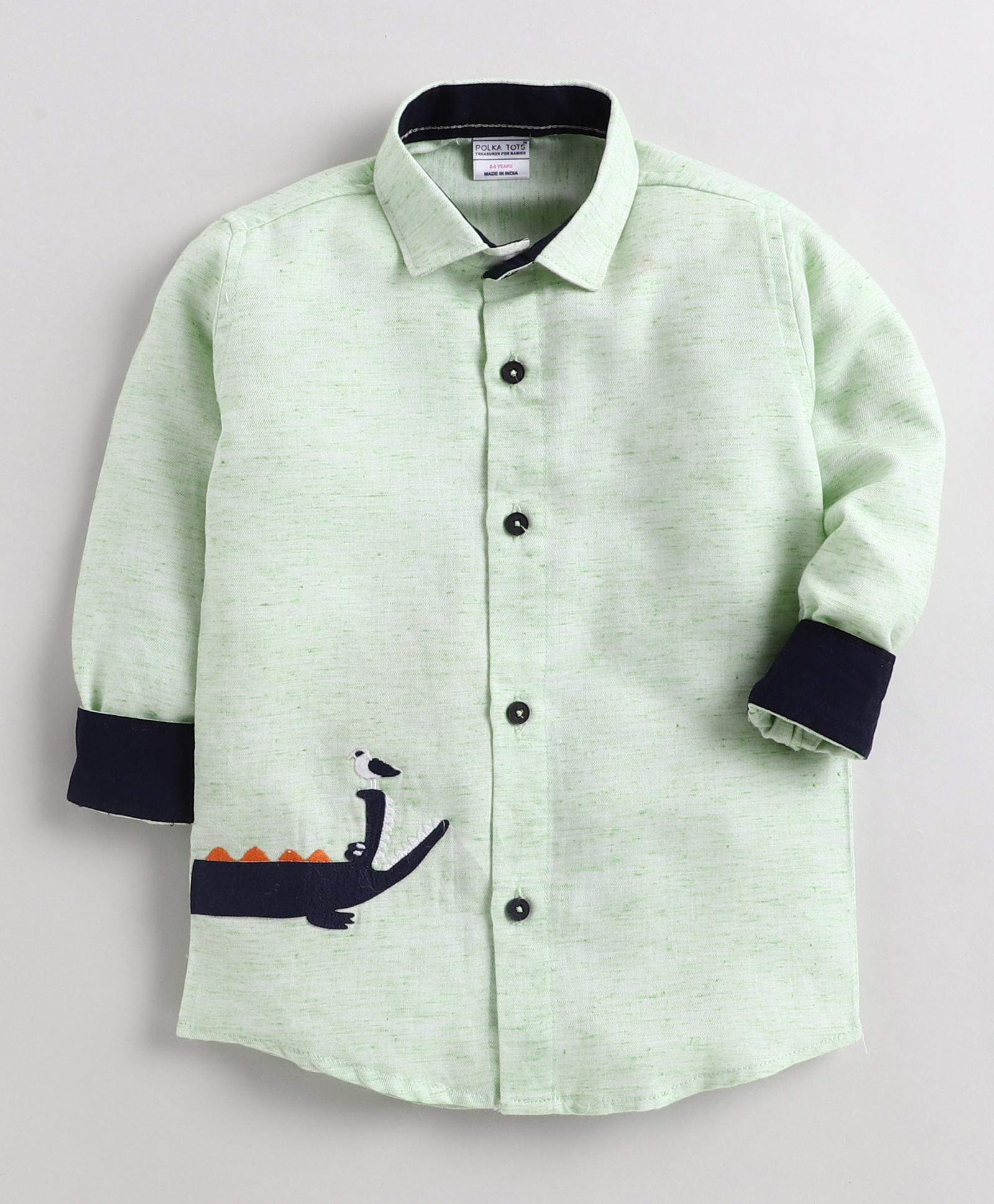 Polka Tots Full Sleeves Crocodile Patch Detailing Shirt - Light Green-image-16