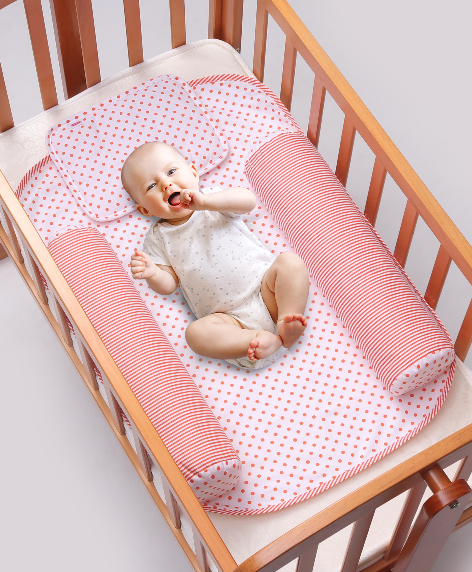 Babyhug 100% Premium Cotton Pillow Bolster & Diaper Changing Mat Set of 4- Polka Dots Red-picture-10