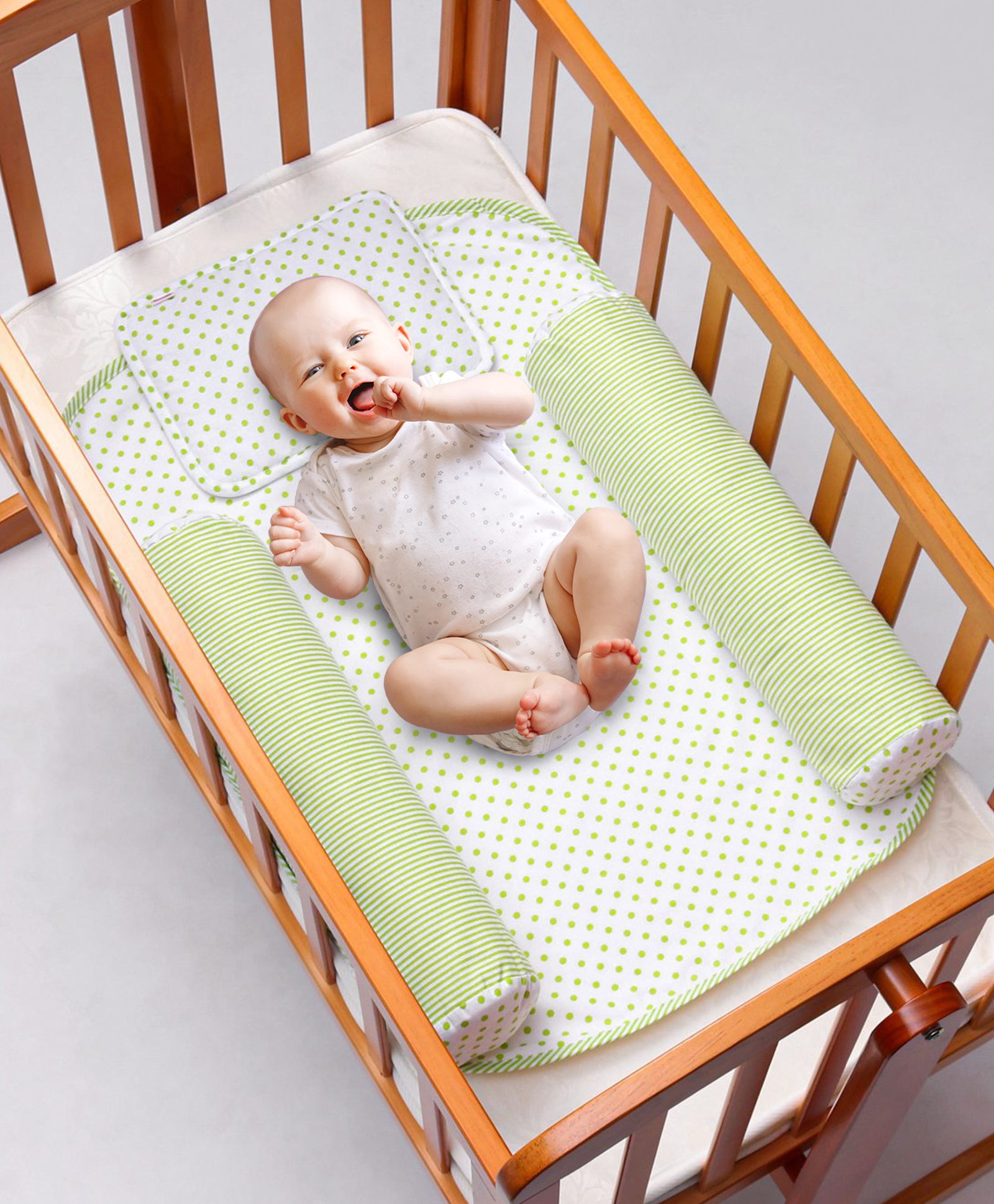 Babyhug 100% Premium Cotton Pillow Bolster & Diaper Changing Mat Set of 4- Polka Dots Green-image-18