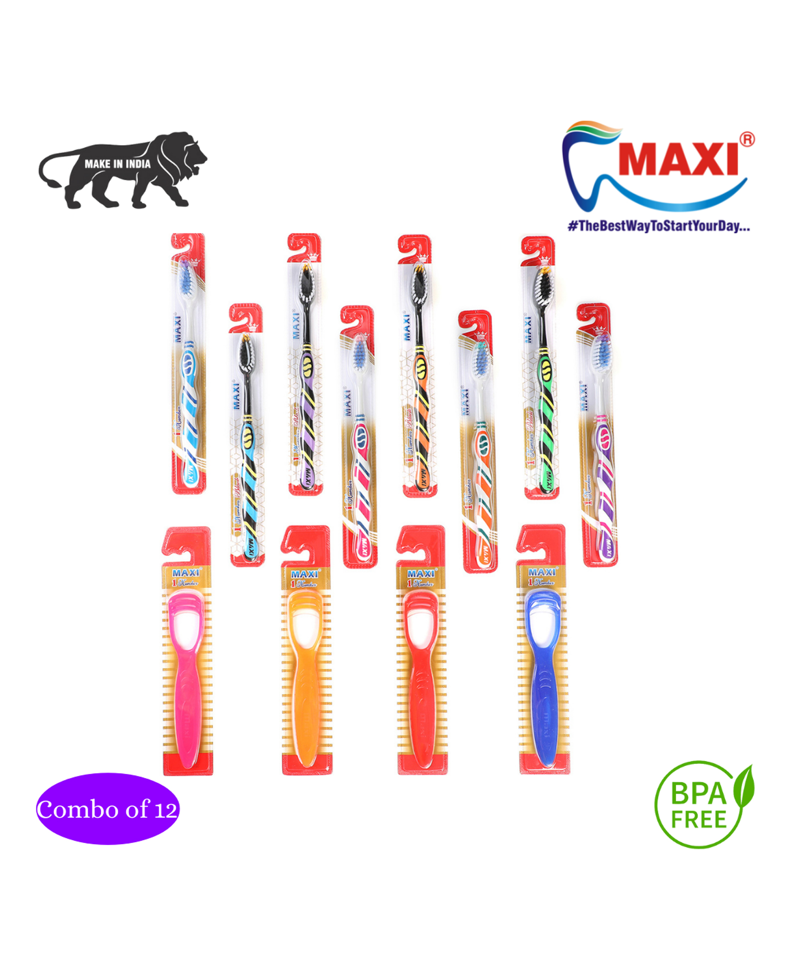 MAXI 1 Number Toothbrush & Tongue Cleaner Combo Pack of 12 - Multicolor-image-25