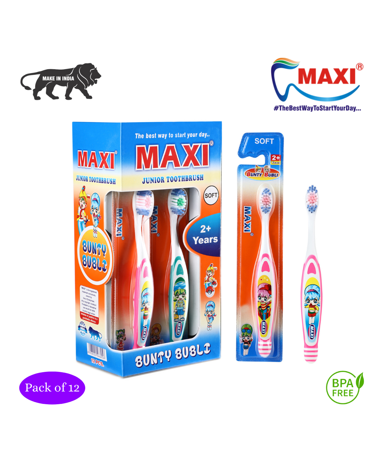 MAXI Bunty Bubli Junior Toothbrush Pack of 12 - Multicolor-image-17