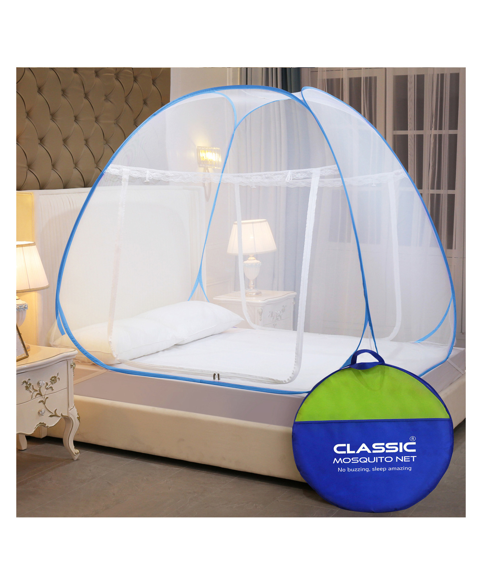 Classic Mosquito Net Polyester Foldable Double Bed Size Mosquito Net - Blue-image-3