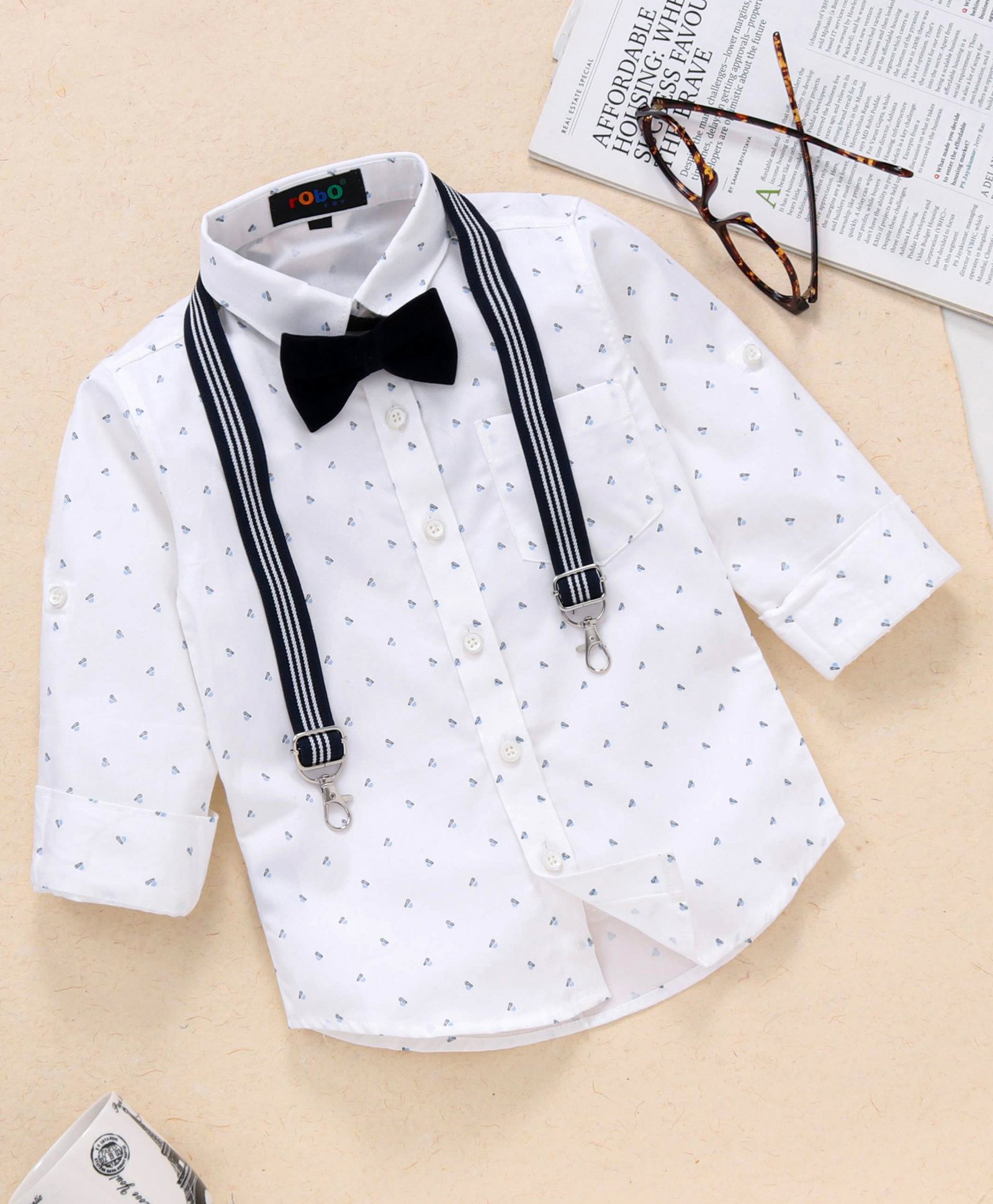 Robo Fry Full Sleeves Shirt with Bow & Suspenders - White-image-25