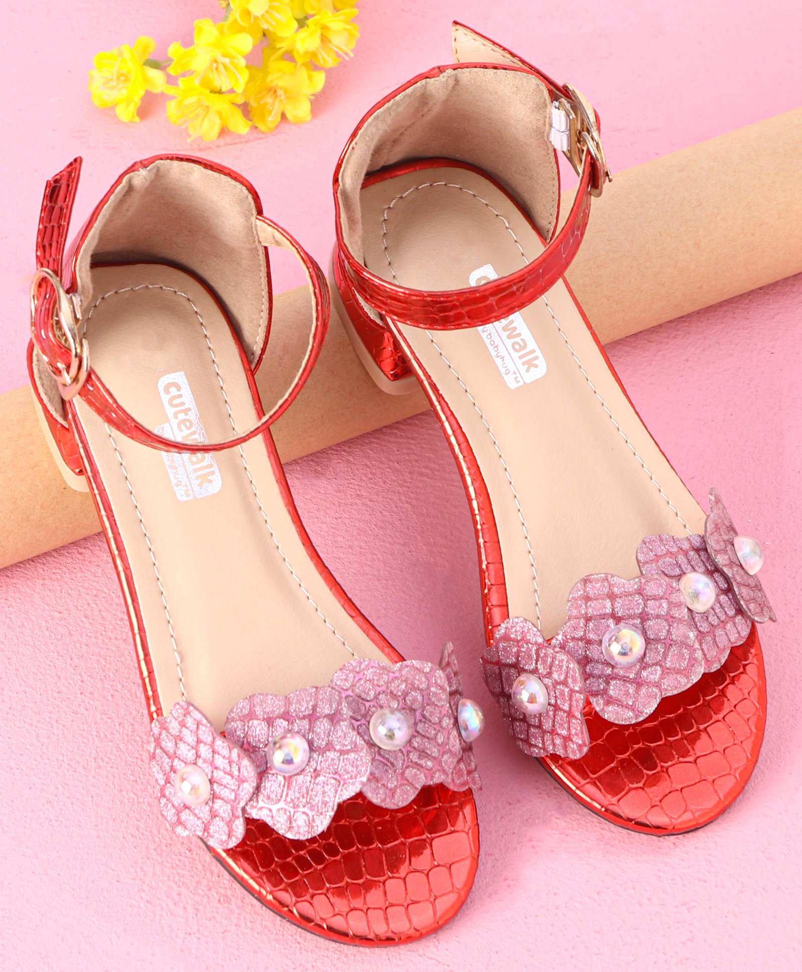 Cute Walk by Babyhug Party Wear Sandals Floral Applique - Red-image-45