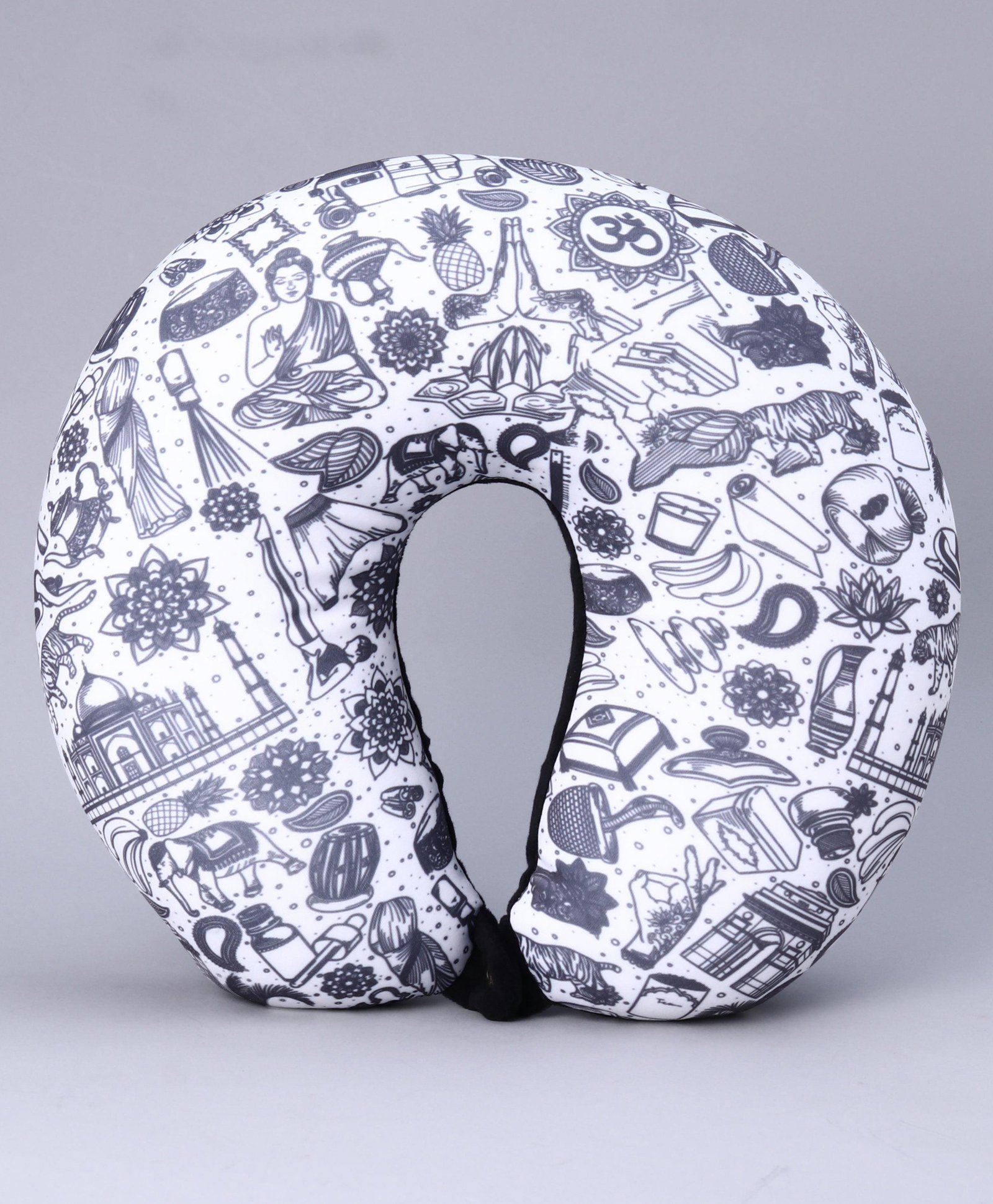 fab n funky U Shaped Neck Pillow With Microbeeds Stuffing Cultural Theme - White & Black-picture-30