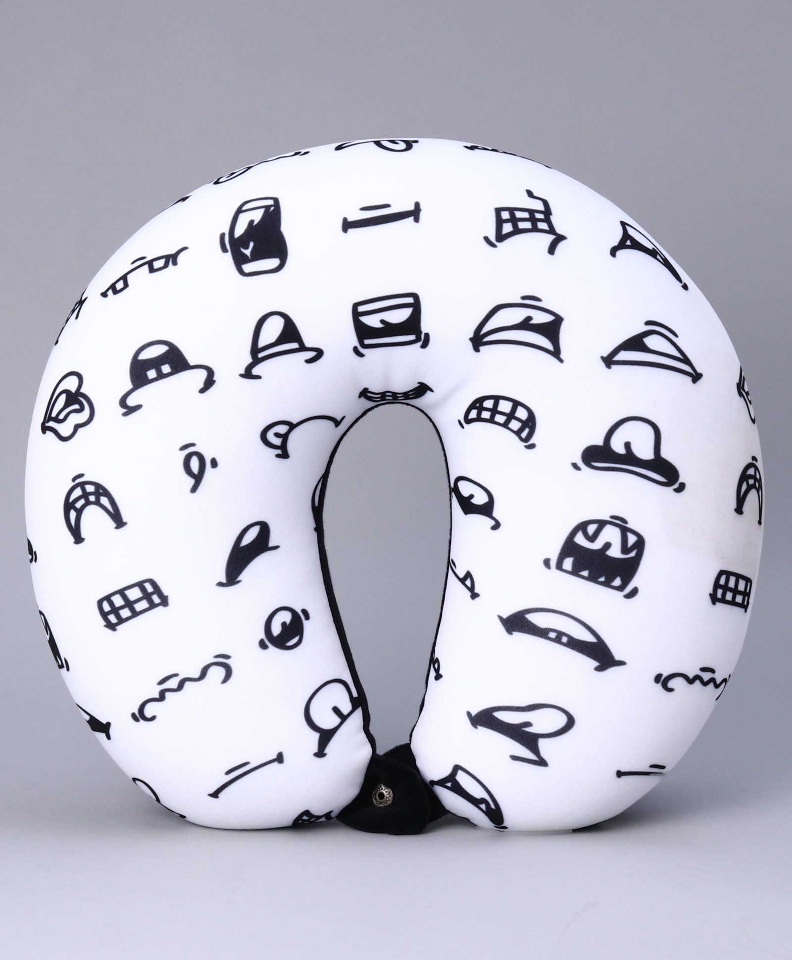 fab n funky U shaped Neck Pillow with Microbeeds Stuffing Smiley Theme - White & Black-picture-18