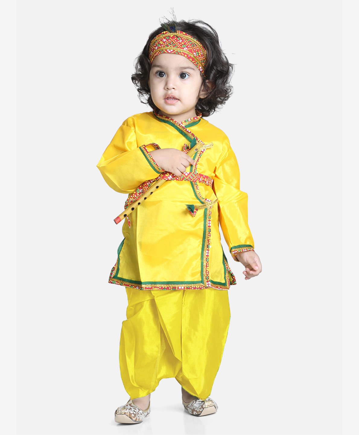 BownBee Janmashtami Theme Full Sleeves Solid Colour Kurta With Dhoti & Bansuri Mukut With Belt - Yellow-picture-10
