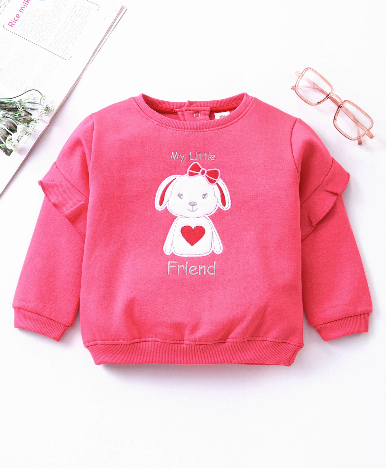 ToffyHouse Full Sleeves Frilled Sweatshirt Bunny Print - Pink-image-0