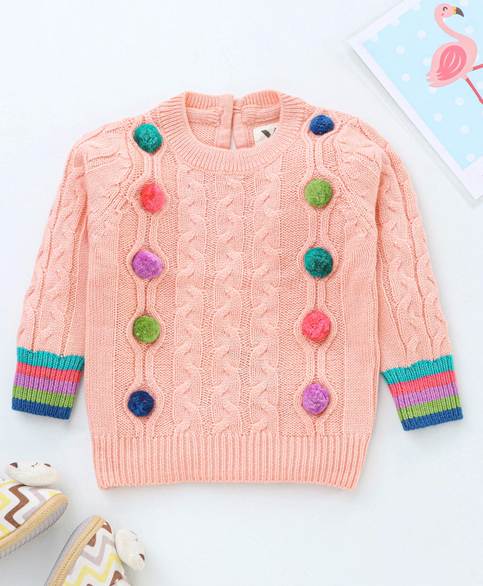 Yellow Apple Full Sleeves Sweater Pom Pom Detailing - Peach-image-37