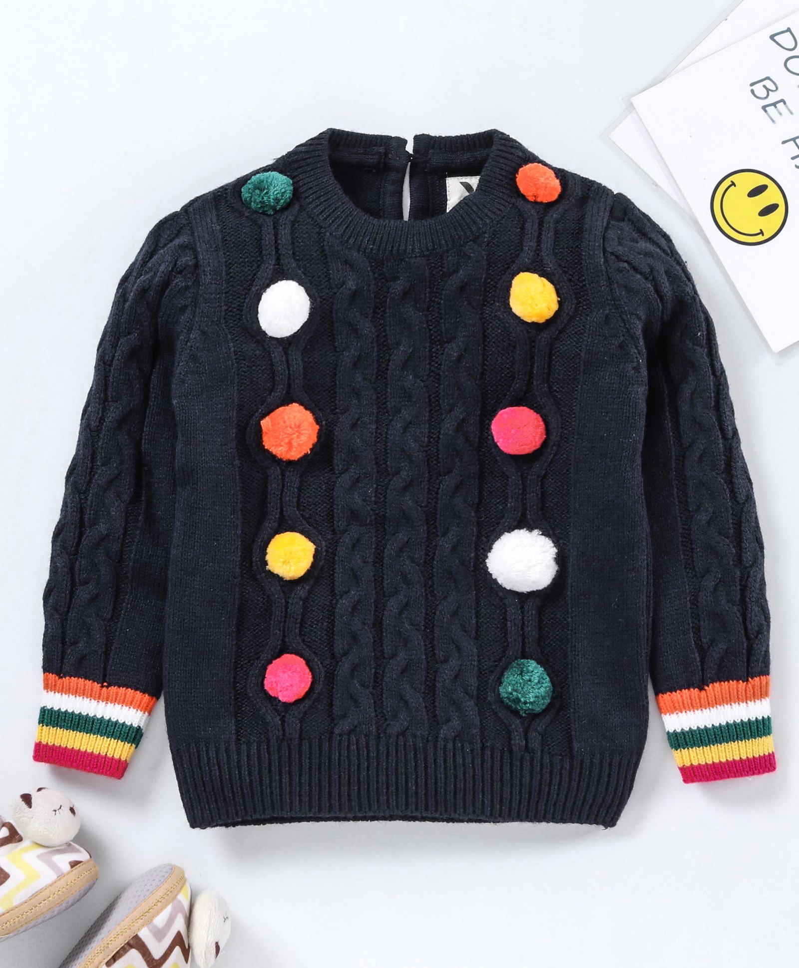 Yellow Apple Full Sleeves Sweater Pom Pom Detailing - Navy Blue