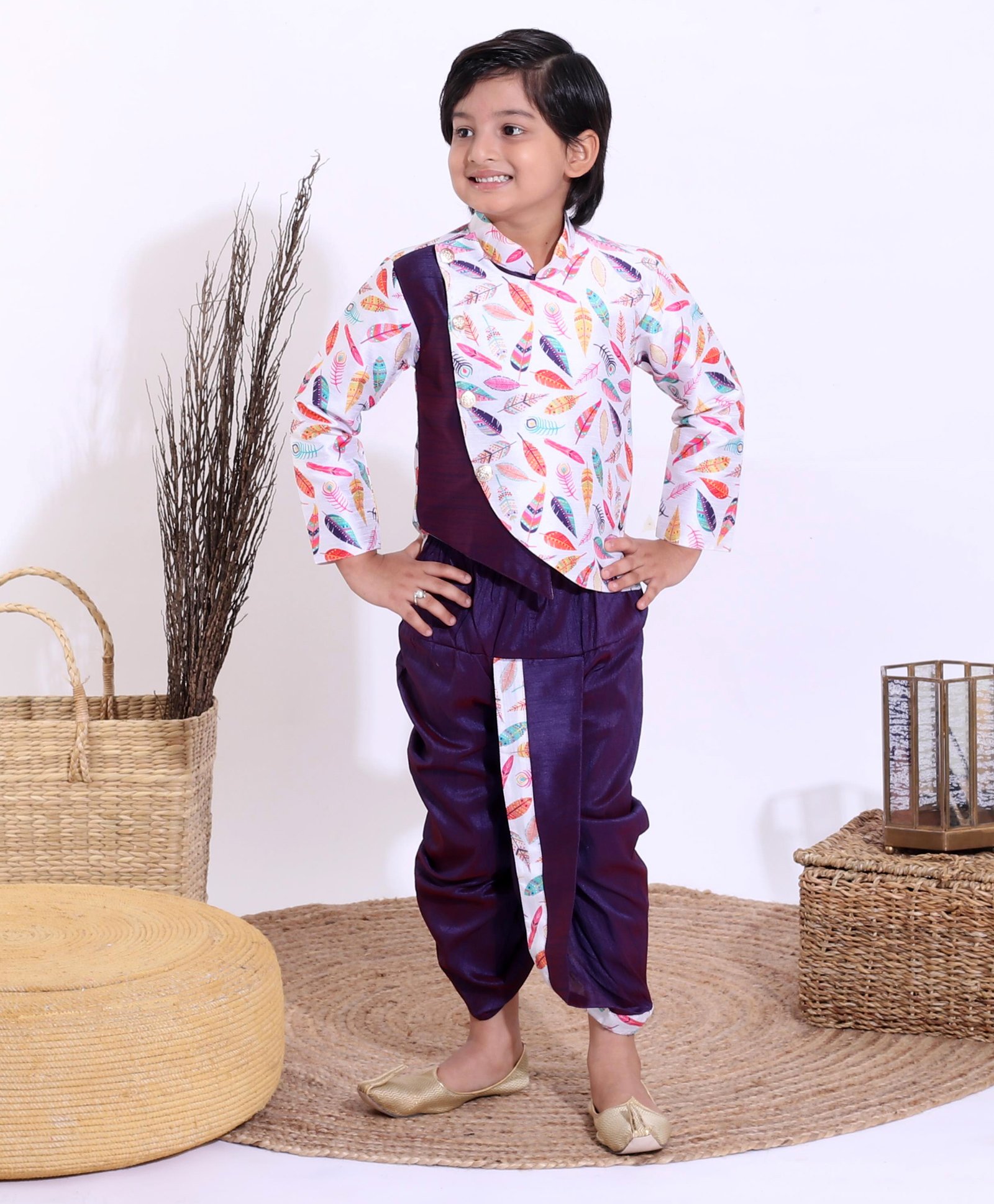 Ridokidz Full Sleeves Leaves Printed Kurta & Dhoti Set - White & Violet-image-21