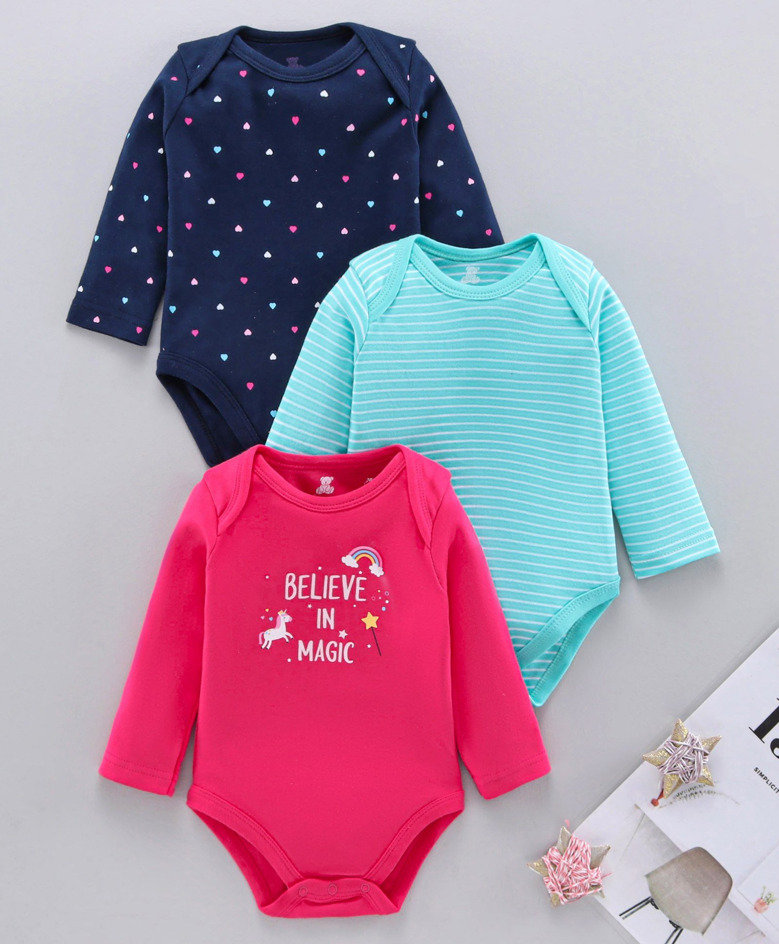 I Bears Full Sleeves Onesies Multiprint Pack of 3 - Blue Pink-image-23