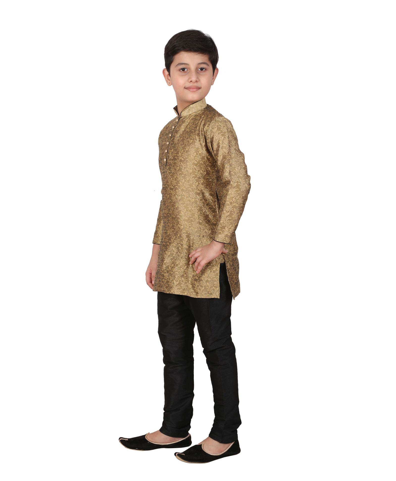 P-MARK Flower Self Design Full Sleeves Kurta With Pajama - Brown-image-12