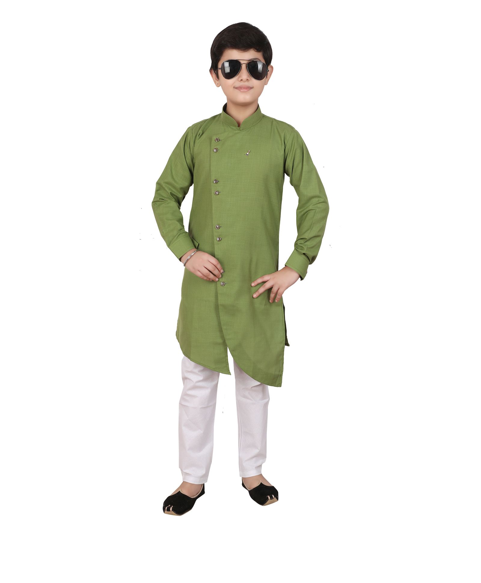 P-MARK Solid Full Sleeves Kurta With Pajama - Green-image-39