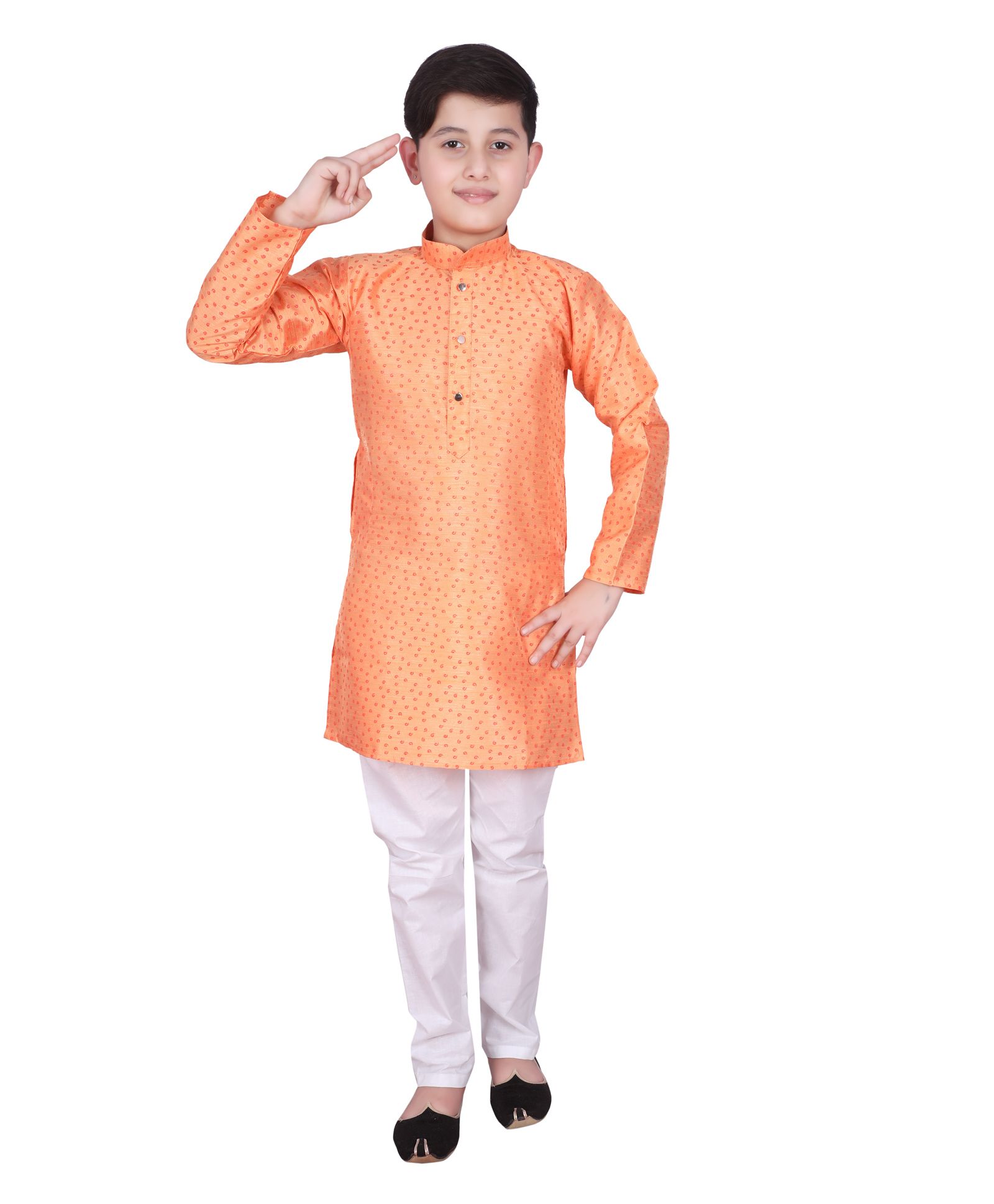 P-MARK Full Sleeves All Over Printed Kurta With Pajama - Orange-image-37