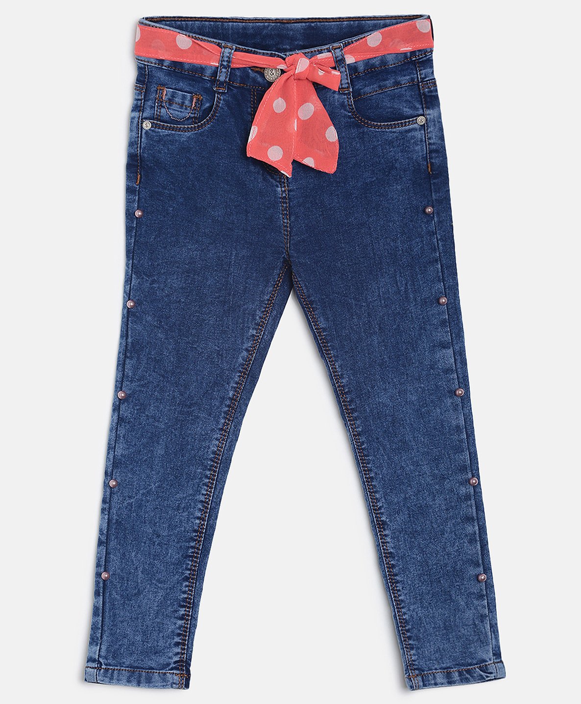 Polka Dotted Bow Belt Jeans - Blue 