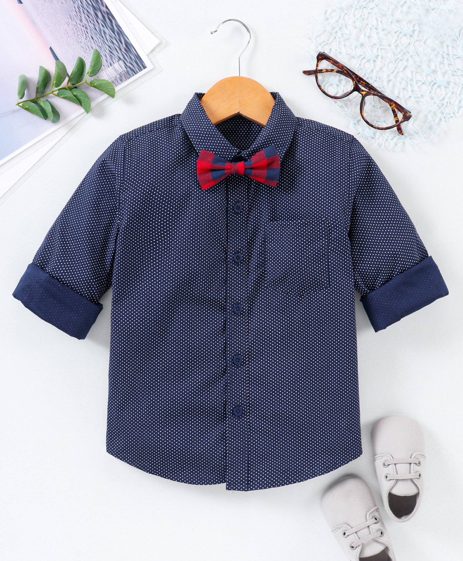 Babyhug Full Sleeves Party Shirt with Bow - Blue-picture-24